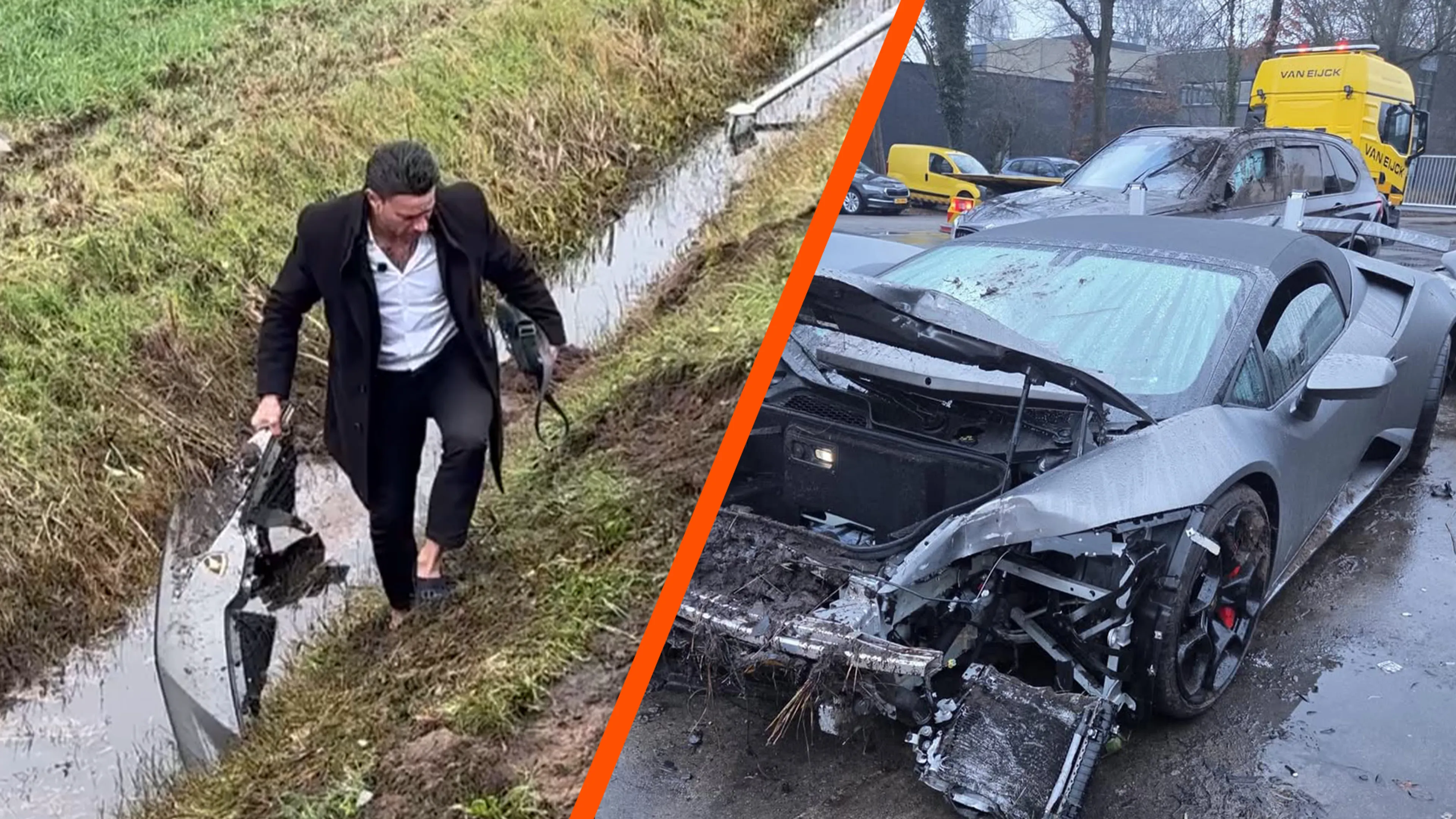 Steenrijk Straatarm-deelnemer Wesley Adema crasht met Lamborghi­ni in sloot