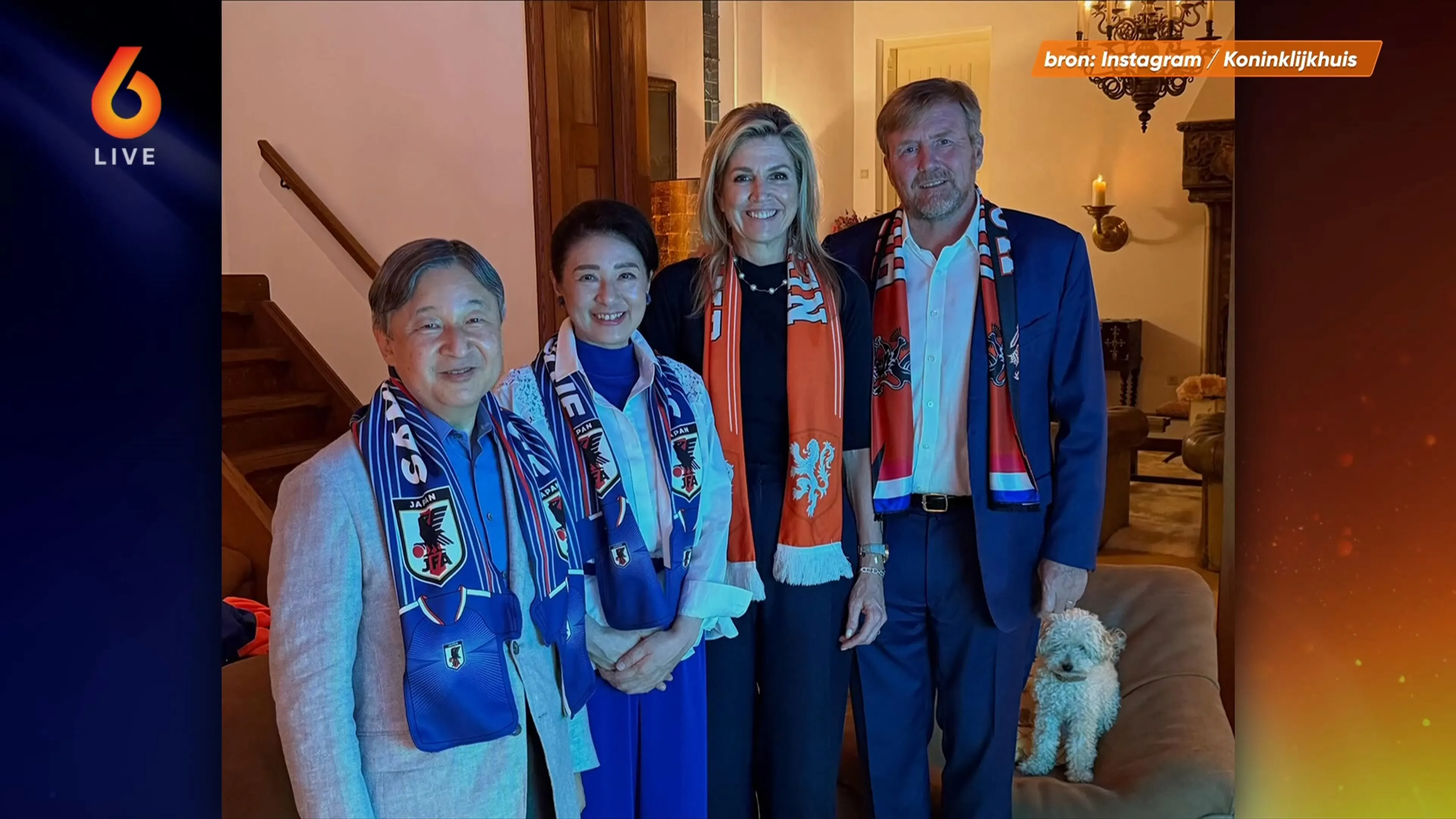 Koning Willem-Alexander en Japanse keizer Naruhito kijken samen WK-wedstrijd
