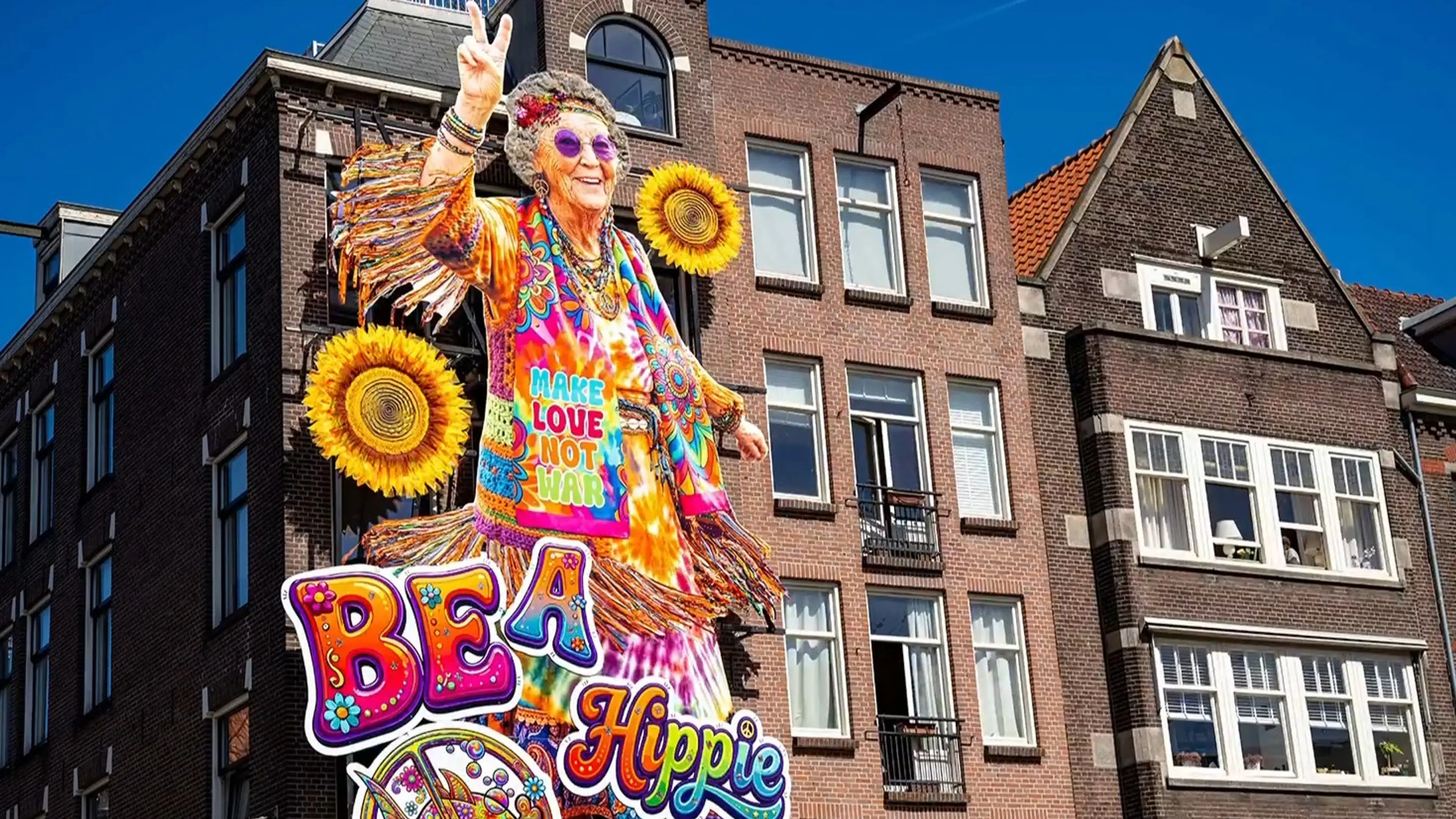 Zien: prinses Beatrix als hippie siert gevel Amsterdams café De Blaffende Vis
