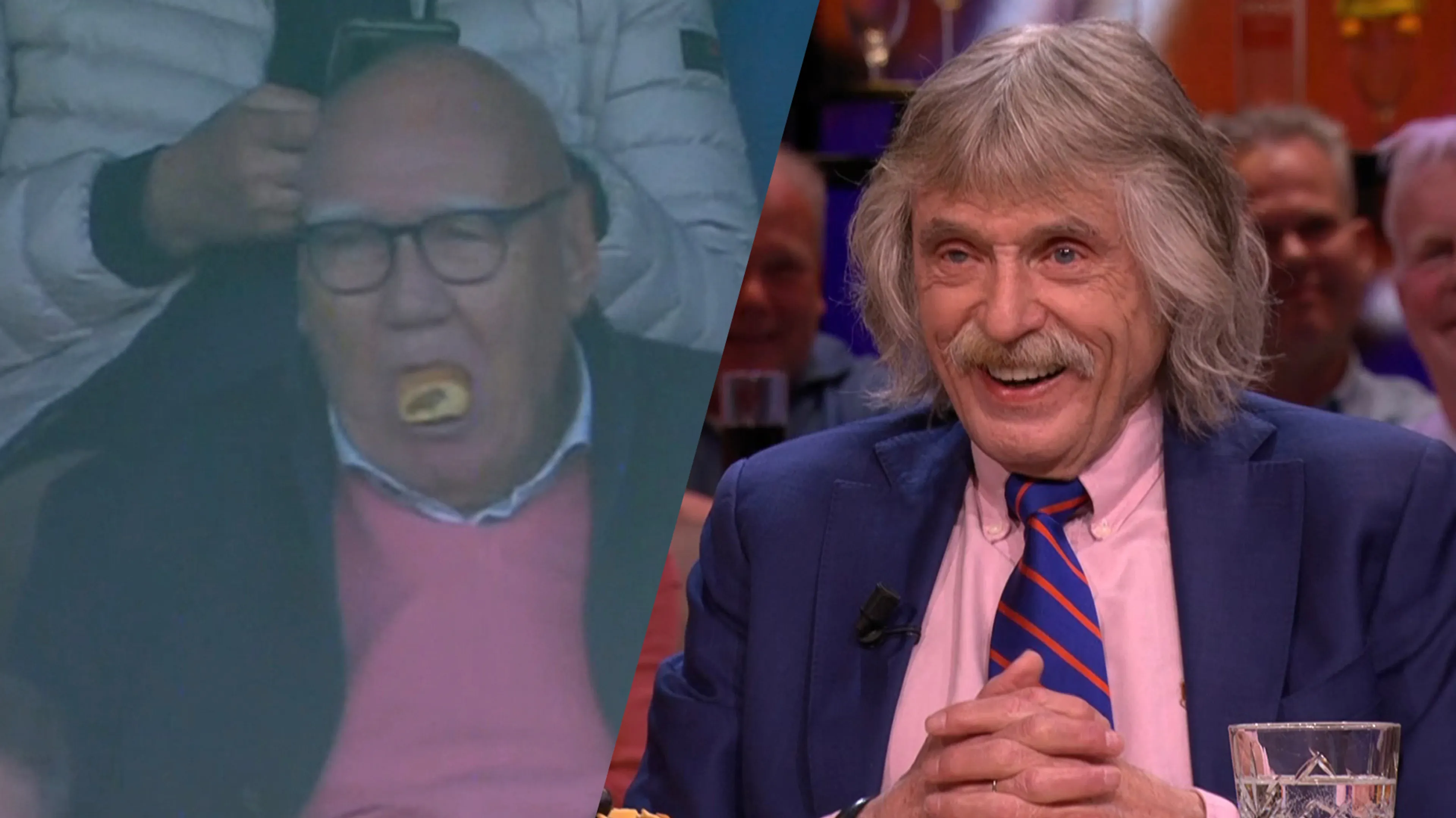Johan lacht om beelden van Kees Jansma die opzichtig een worstenbroodje naar binnen propt
