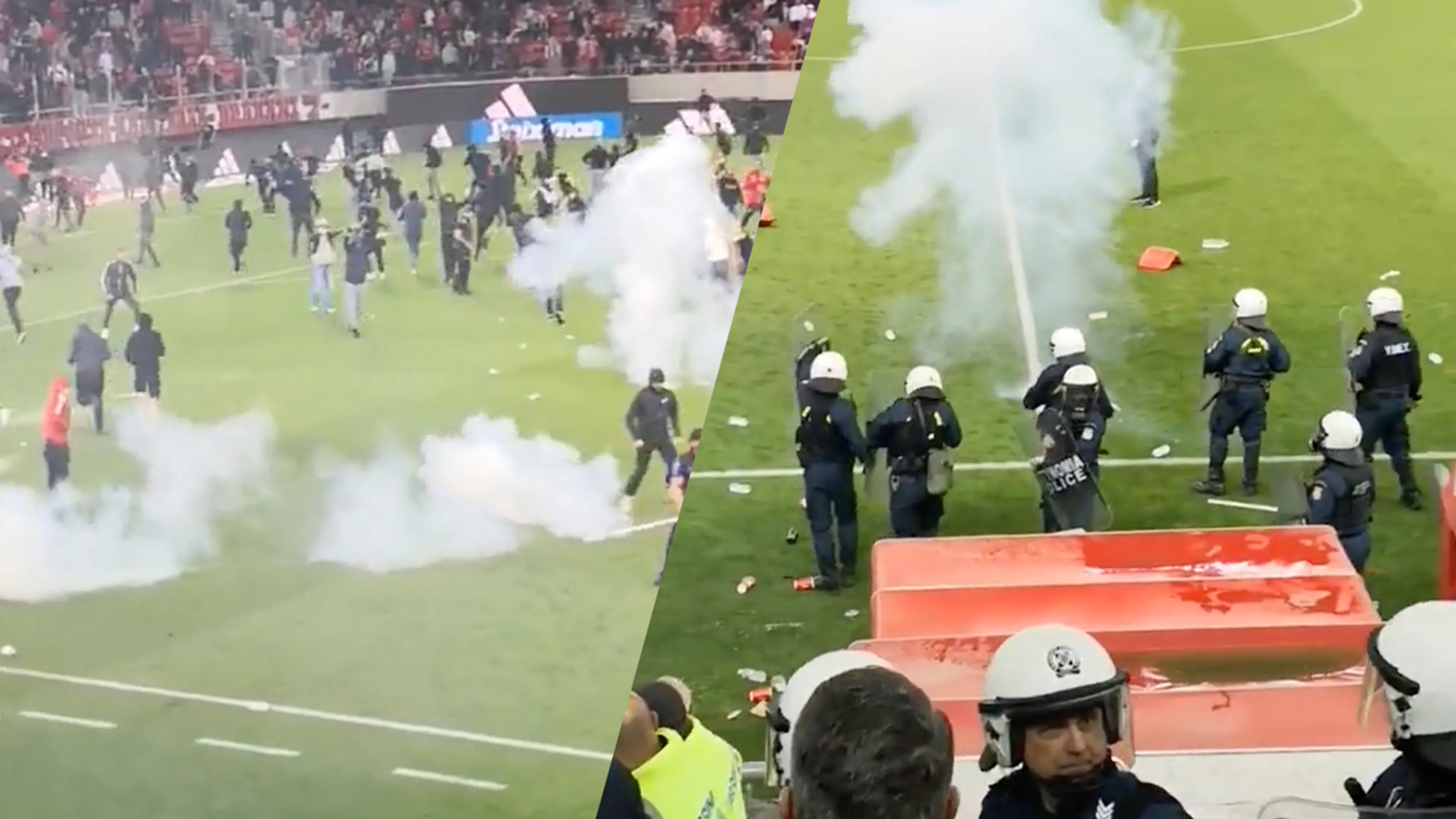 Video: hooligans bestormen veld na topper tussen Olympiakos en AEK