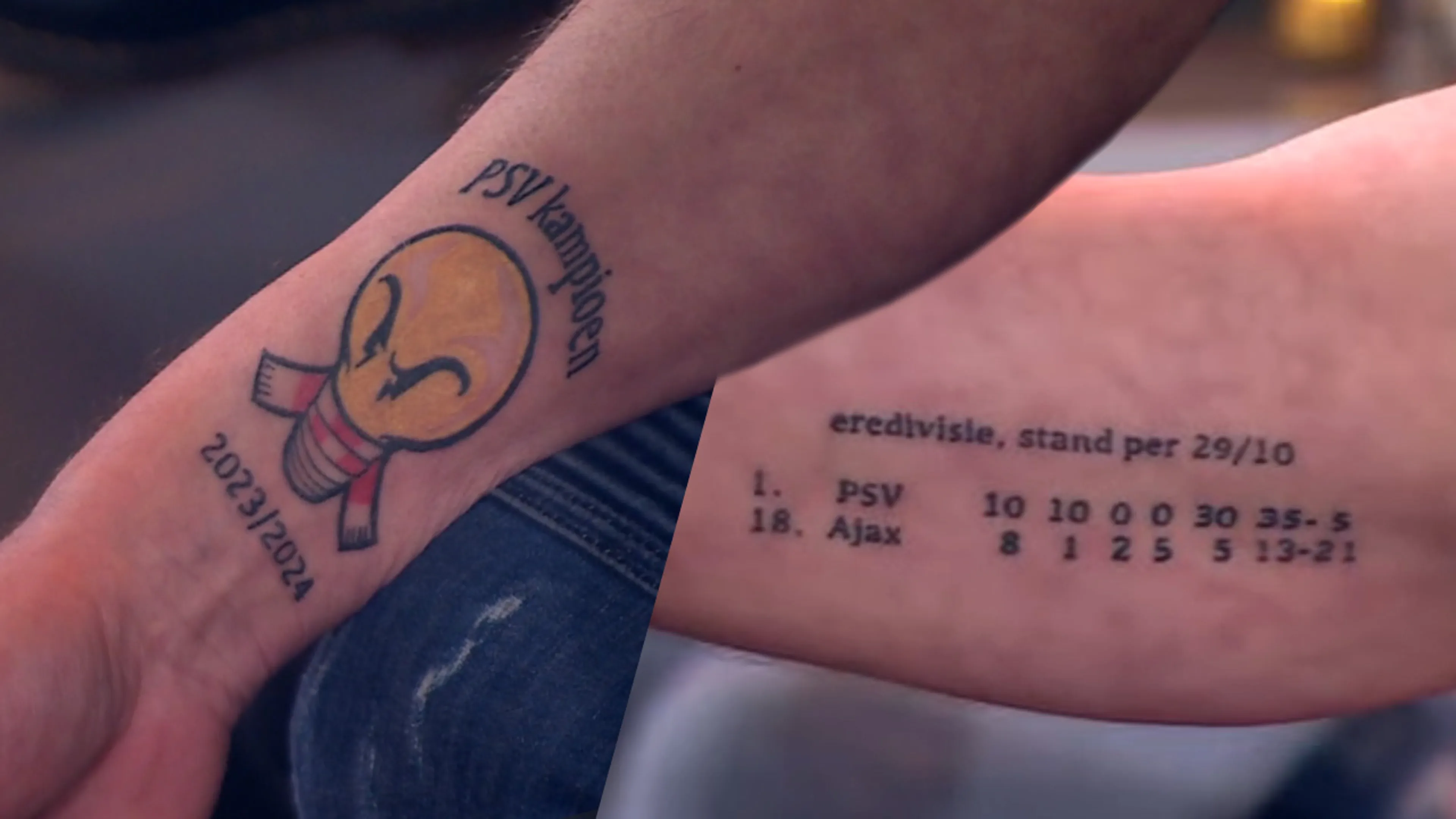 PSV-fan Rick toont twee tatoeages bij Studio Voetbal: 'Ik heb het nog netjes gehouden'
