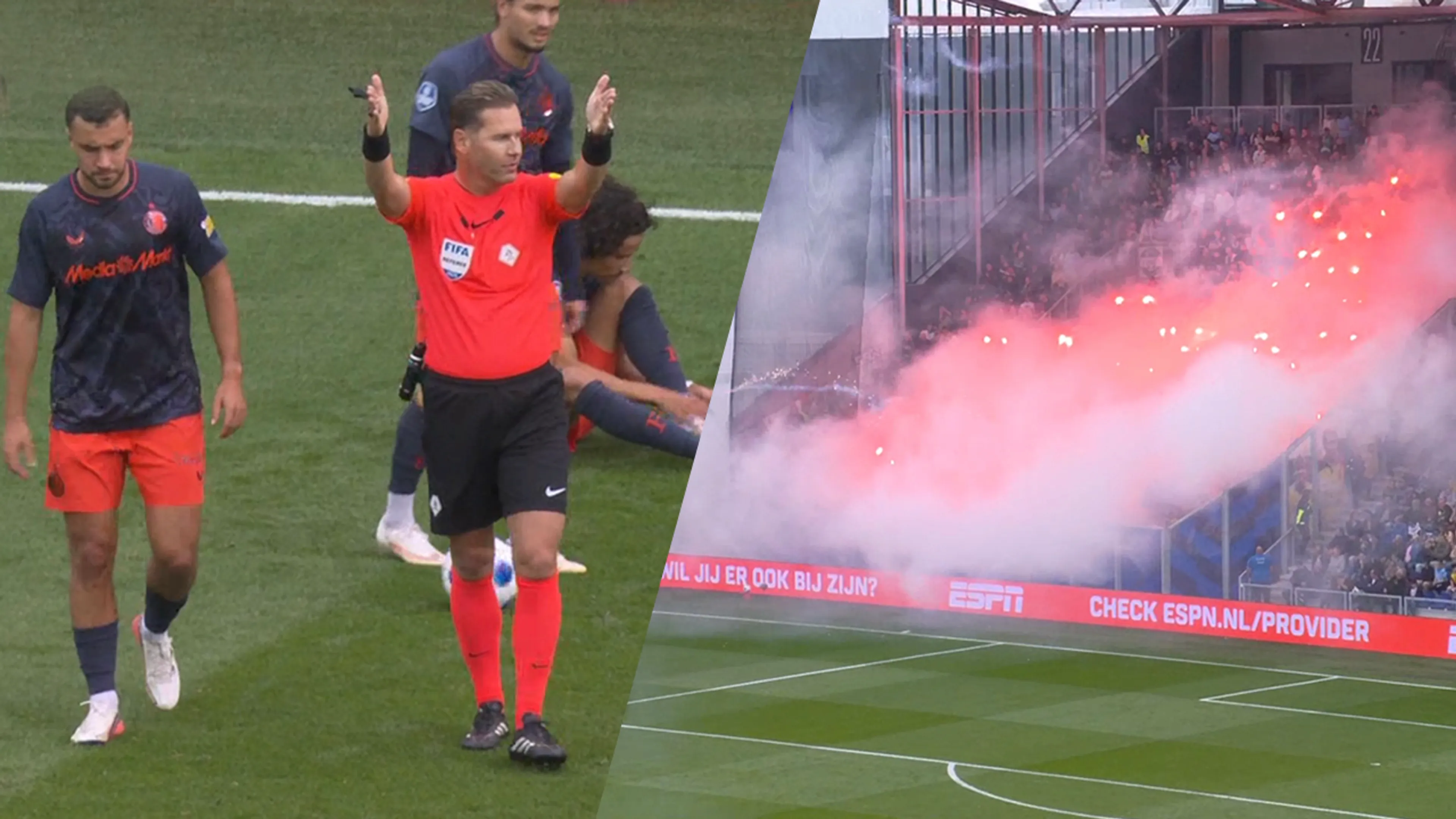 Video: vuurwerkactie uit Feyenoord-vak: duel met Cambuur in Leeuwarden tijdelijk gestaakt