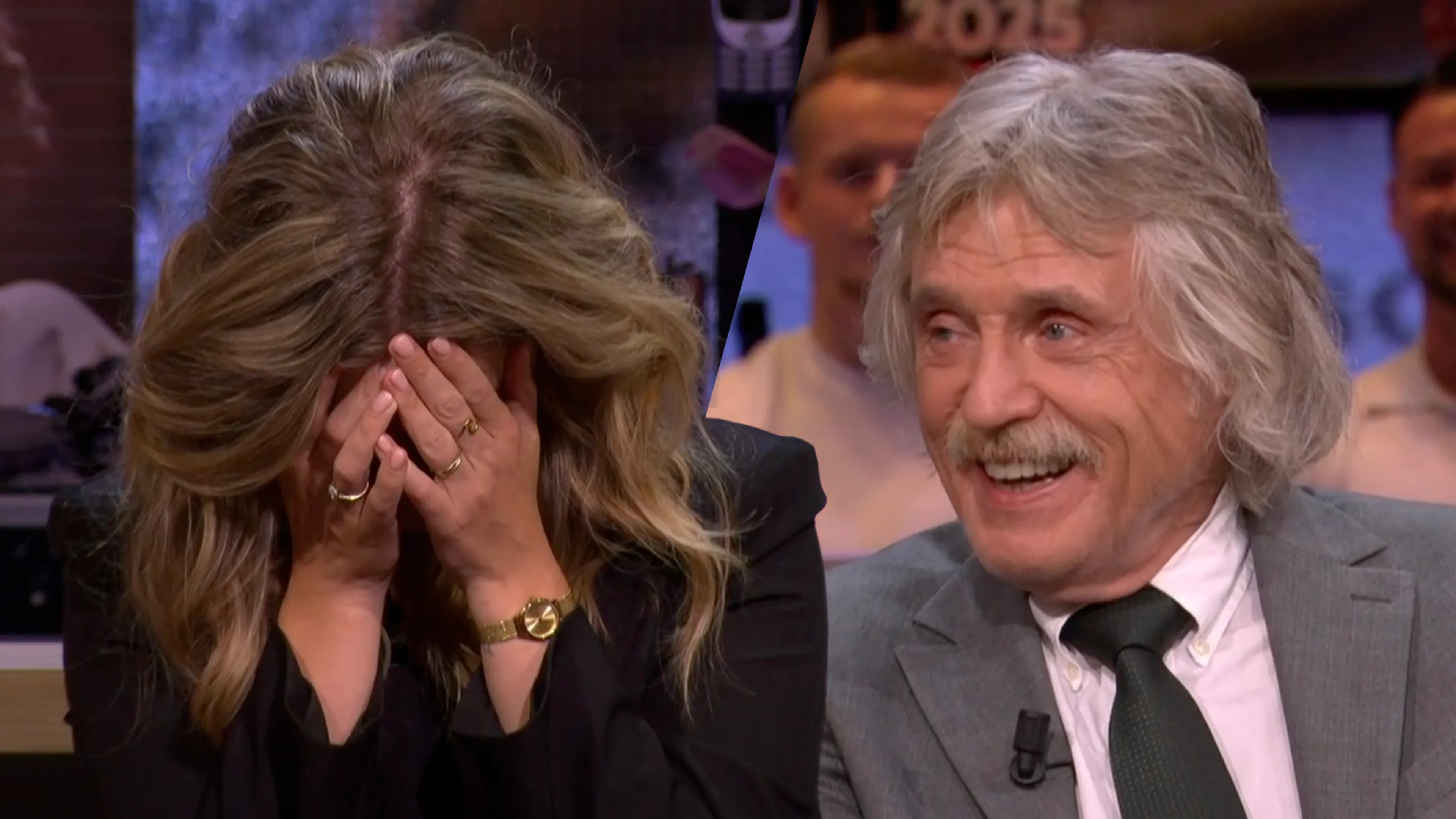 Verloofde Merel Ek slaat handen voor haar gezicht na uitspraak van 'romanticus' Johan Derksen
