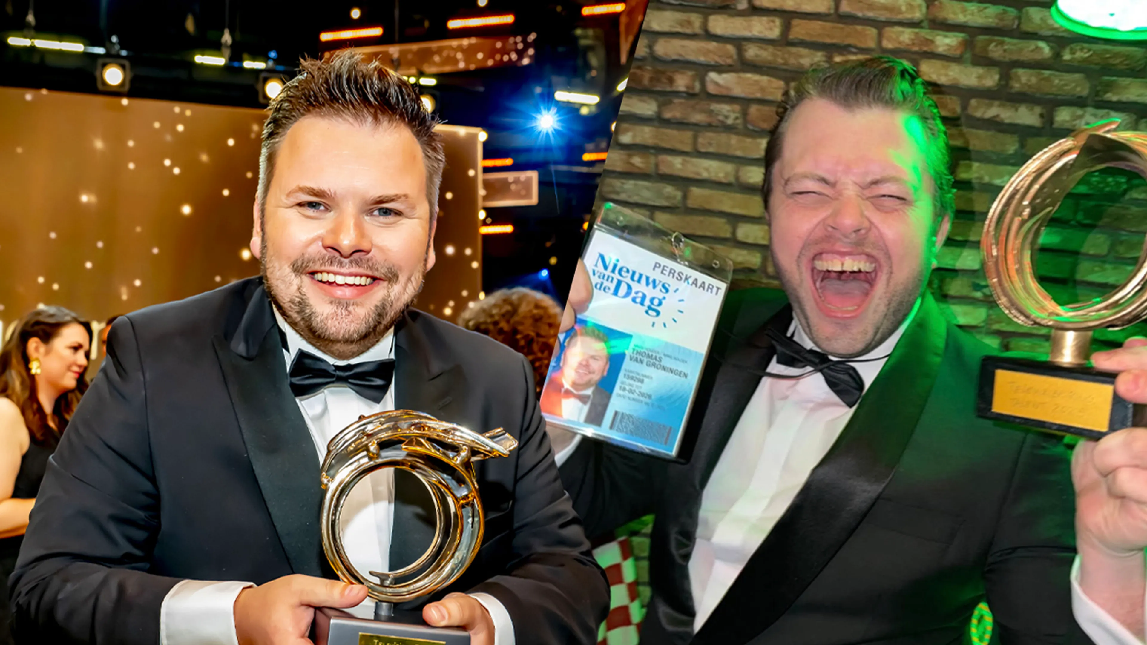 Presentator en radio-dj Rob Janssen verkleed als Thomas van Groningen tijdens carnaval