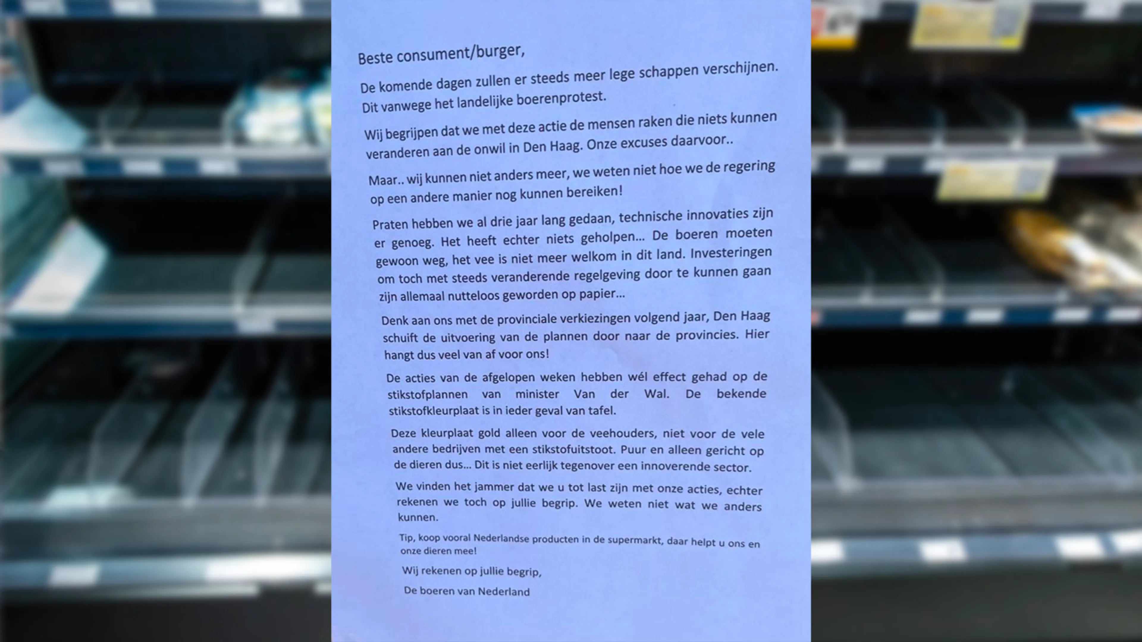 Boeren stellen excuusbrief op die supermarkten bij lege schappen kunnen hangen