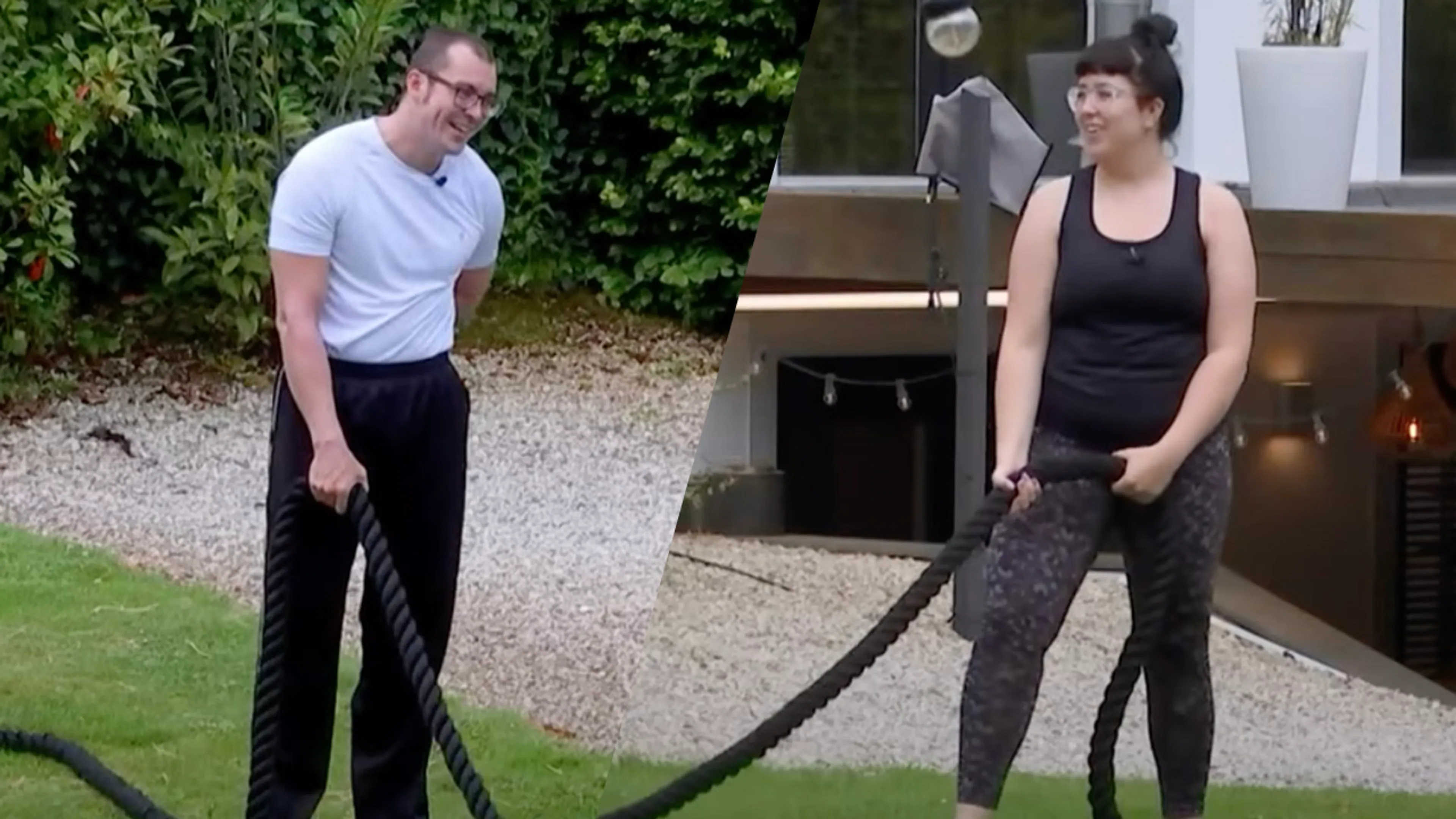 Lang Leve de Liefde-deelnemer biedt aan met maar één hand te touwtrekken; legt het af met twee handen