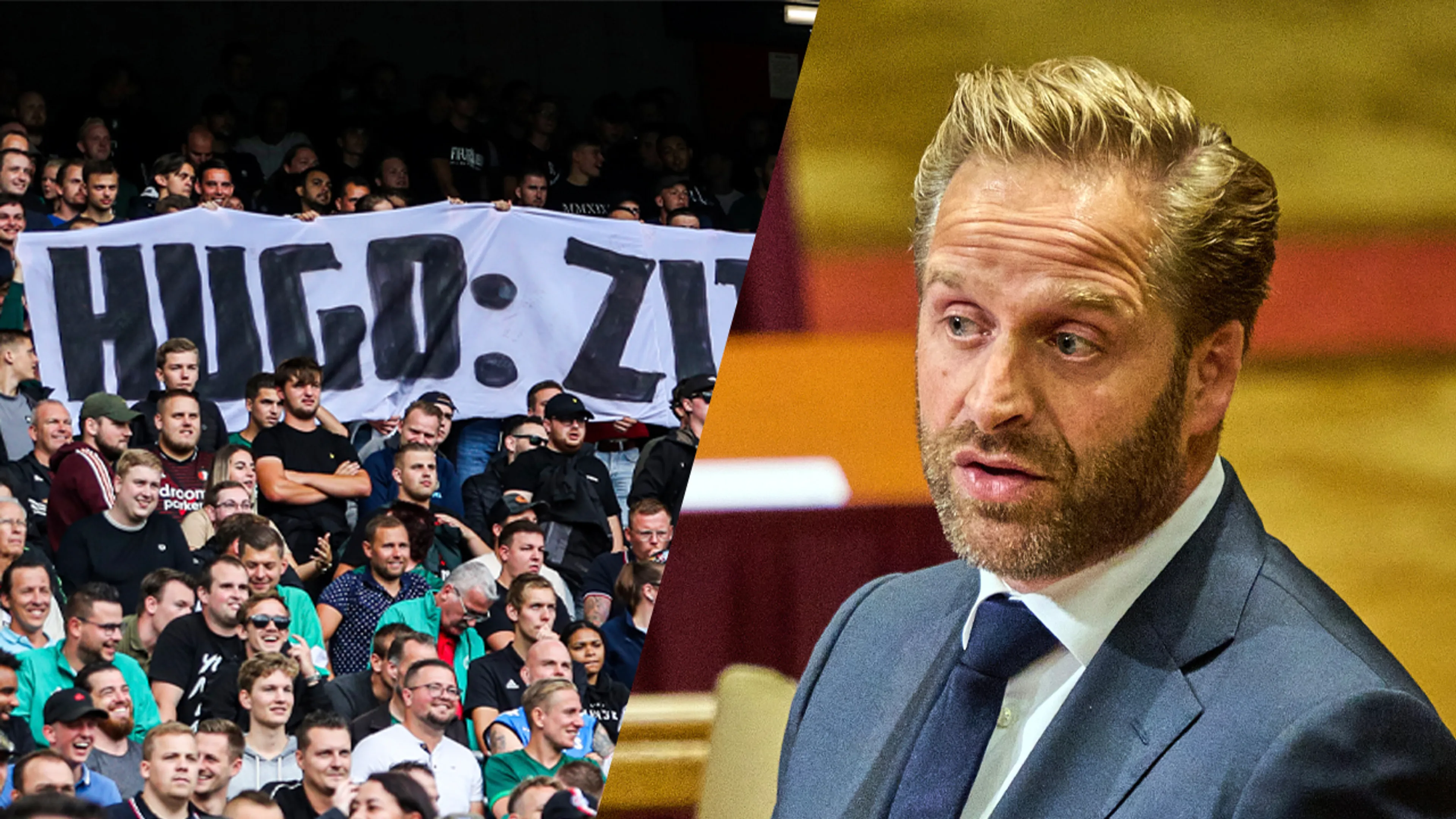 Feyenoord-supporters tonen spandoek en zingen aanwezige Hugo de Jonge toe