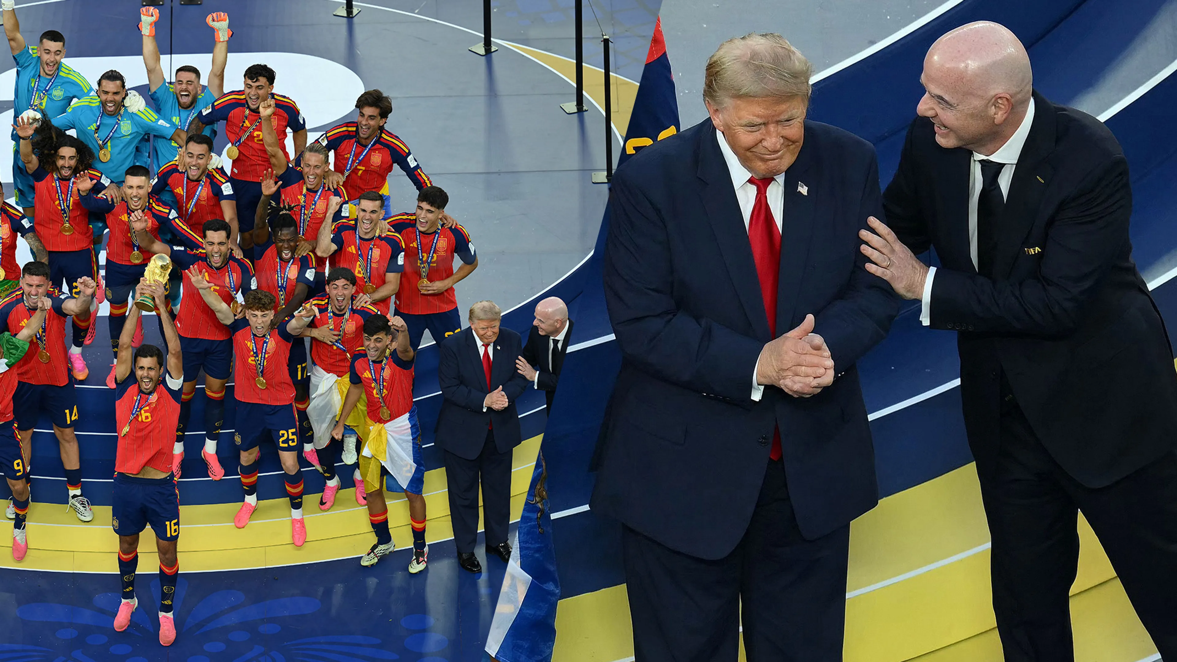 Video: Infantino probeert Trump met man en macht uit spotlight te halen tijdens WK-huldiging