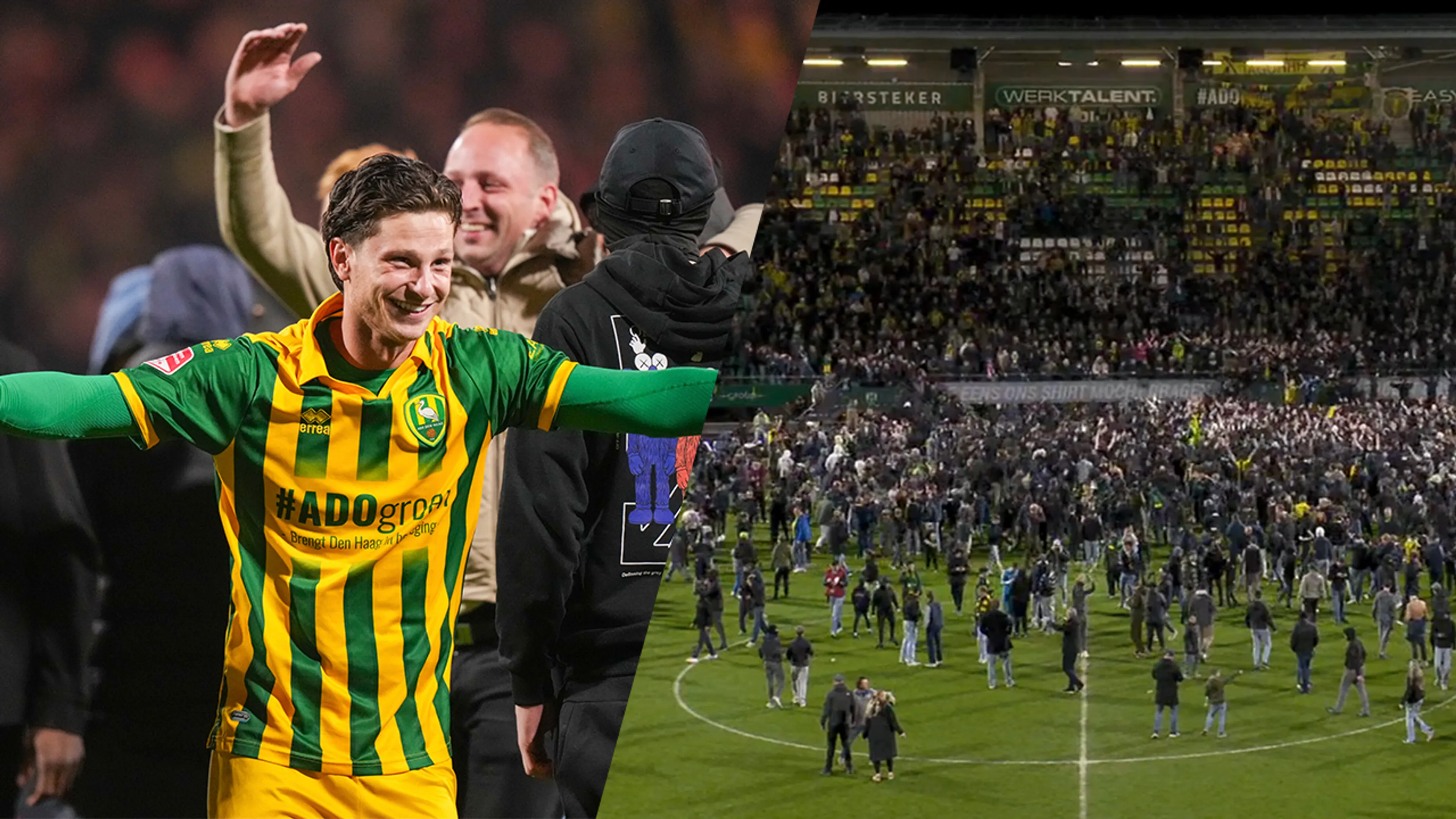 Video: ADO Den Haag-fans negeren oproep na promotie en stromen massaal veld op