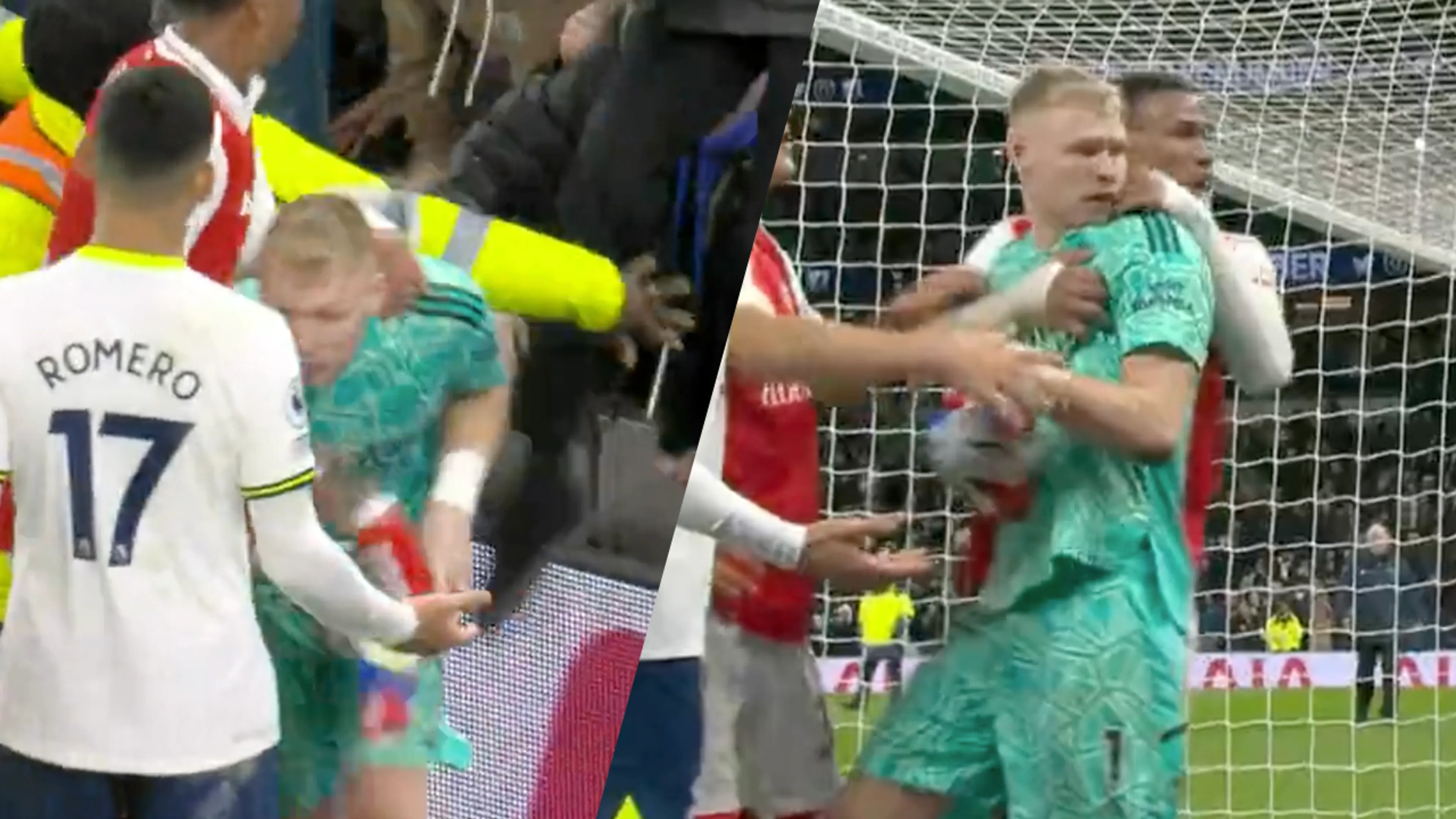 Video: Tottenham-hooligan geeft Arsenal-doelman Ramsdale een trap na