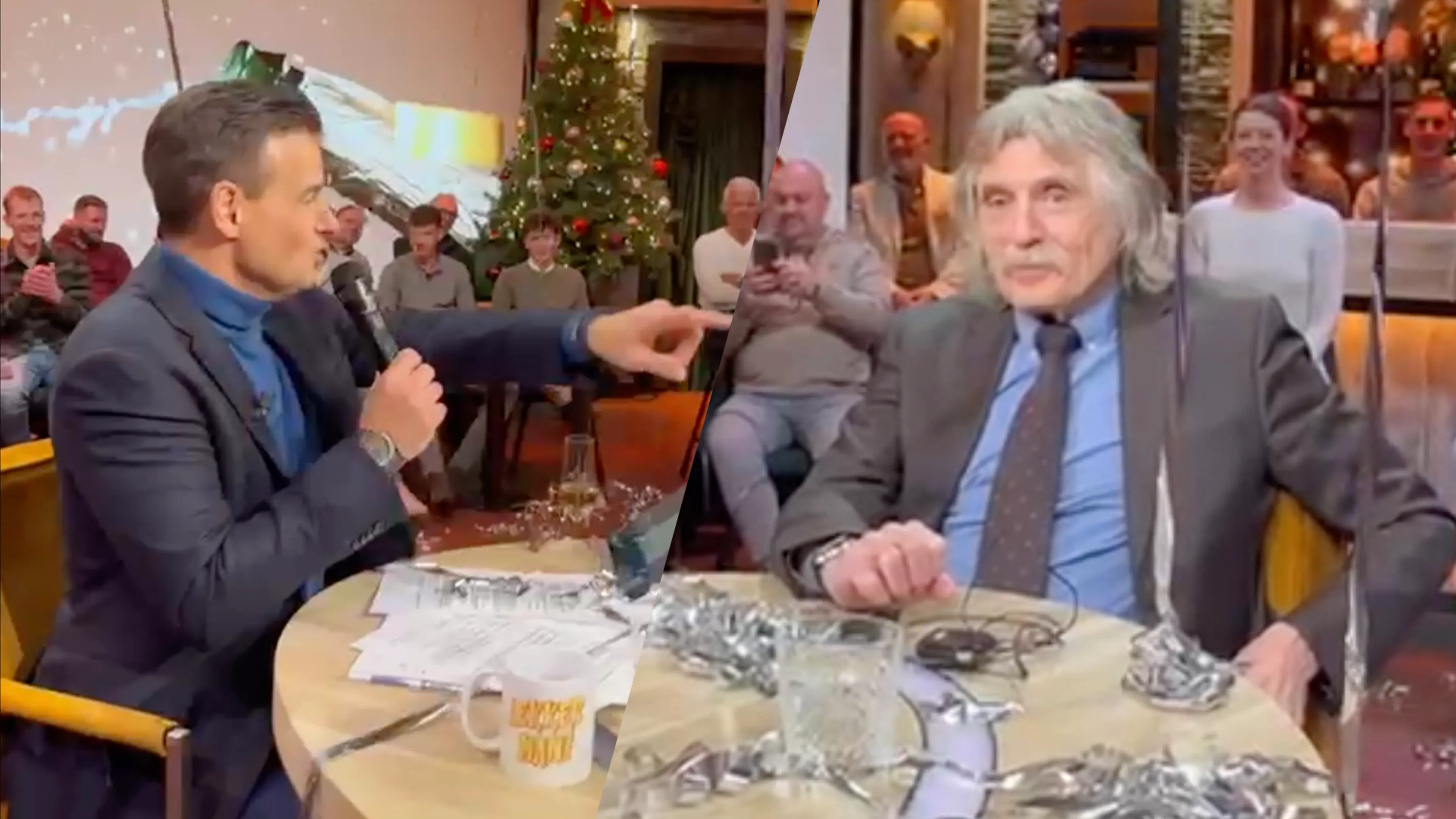 Na de uitzending: Wilfred zingt 'Zomaar Een Avond In De Kroeg', Johan geniet zichtbaar
