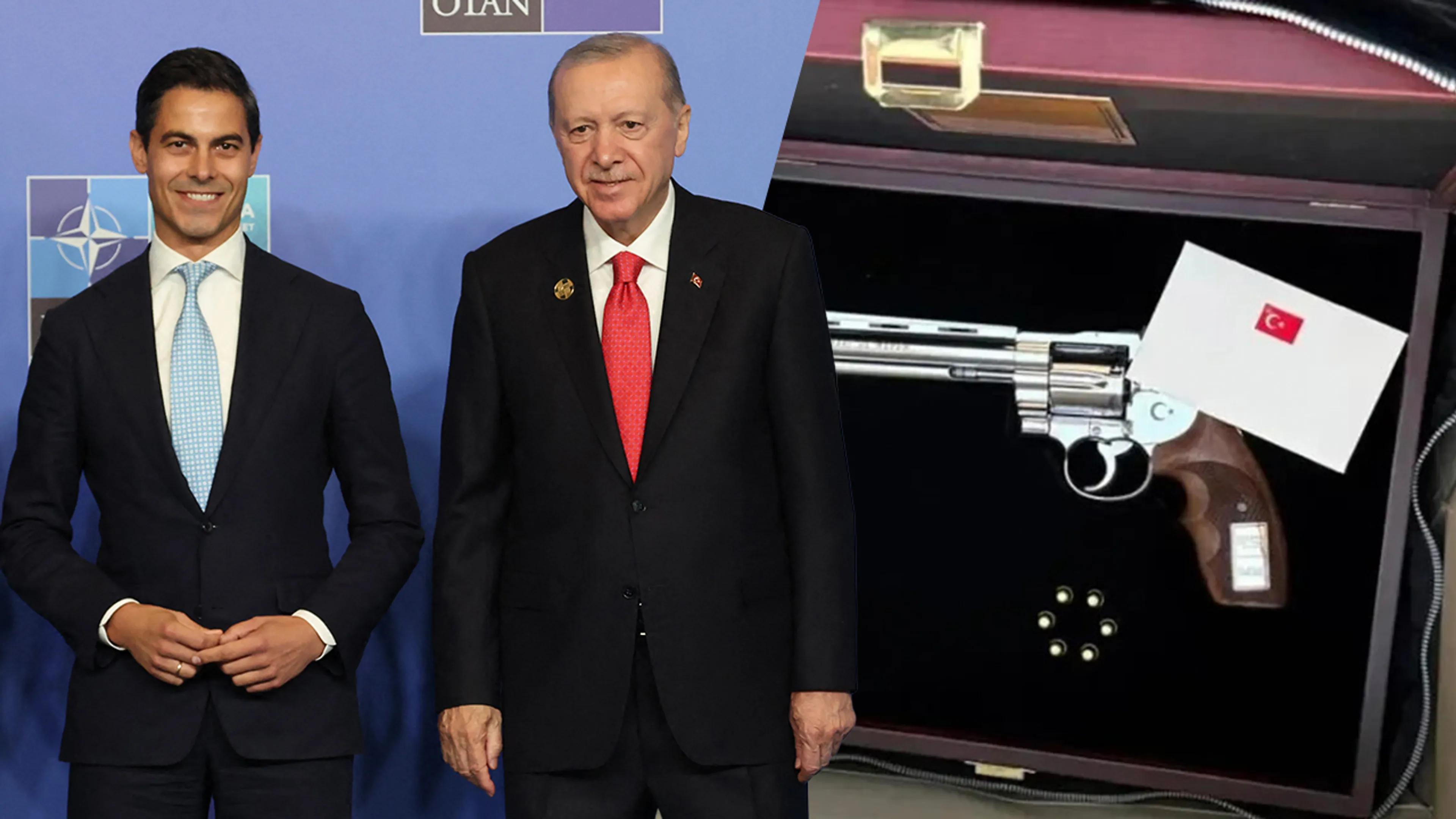 Opvallend cadeau van Erdogan: Rob Jetten krijgt revolver na afloop van NAVO-top