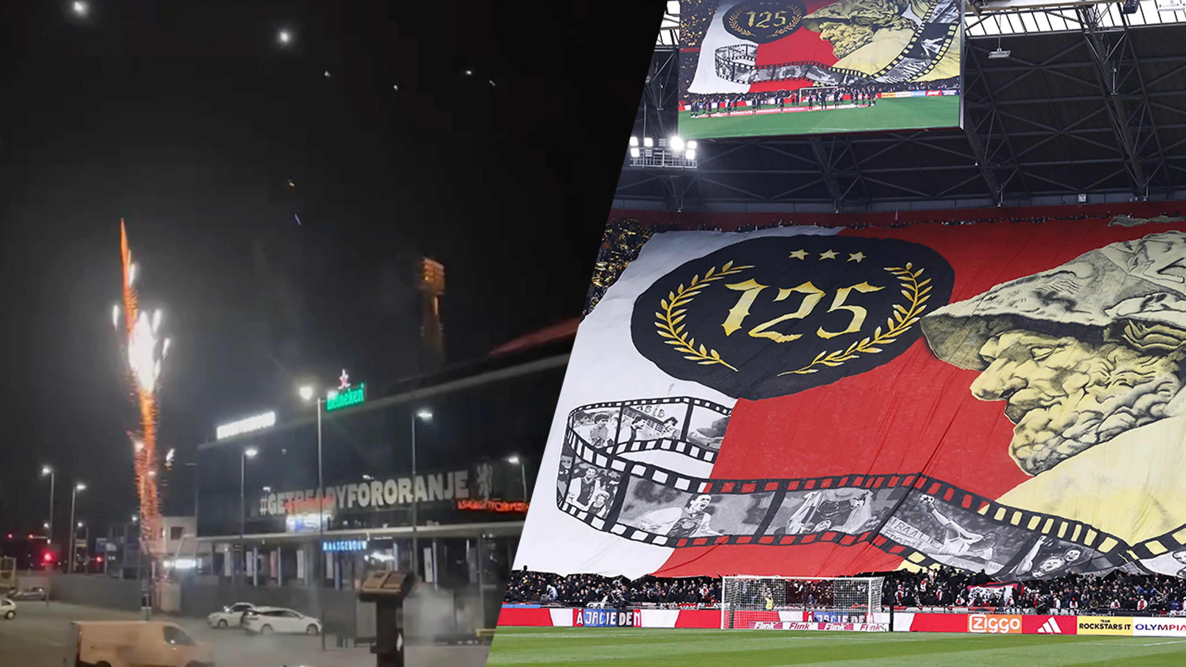 Video: Ajax-fans vieren 125ste verjaardag ook bij De Kuip en Philips Stadion met vuurwerk