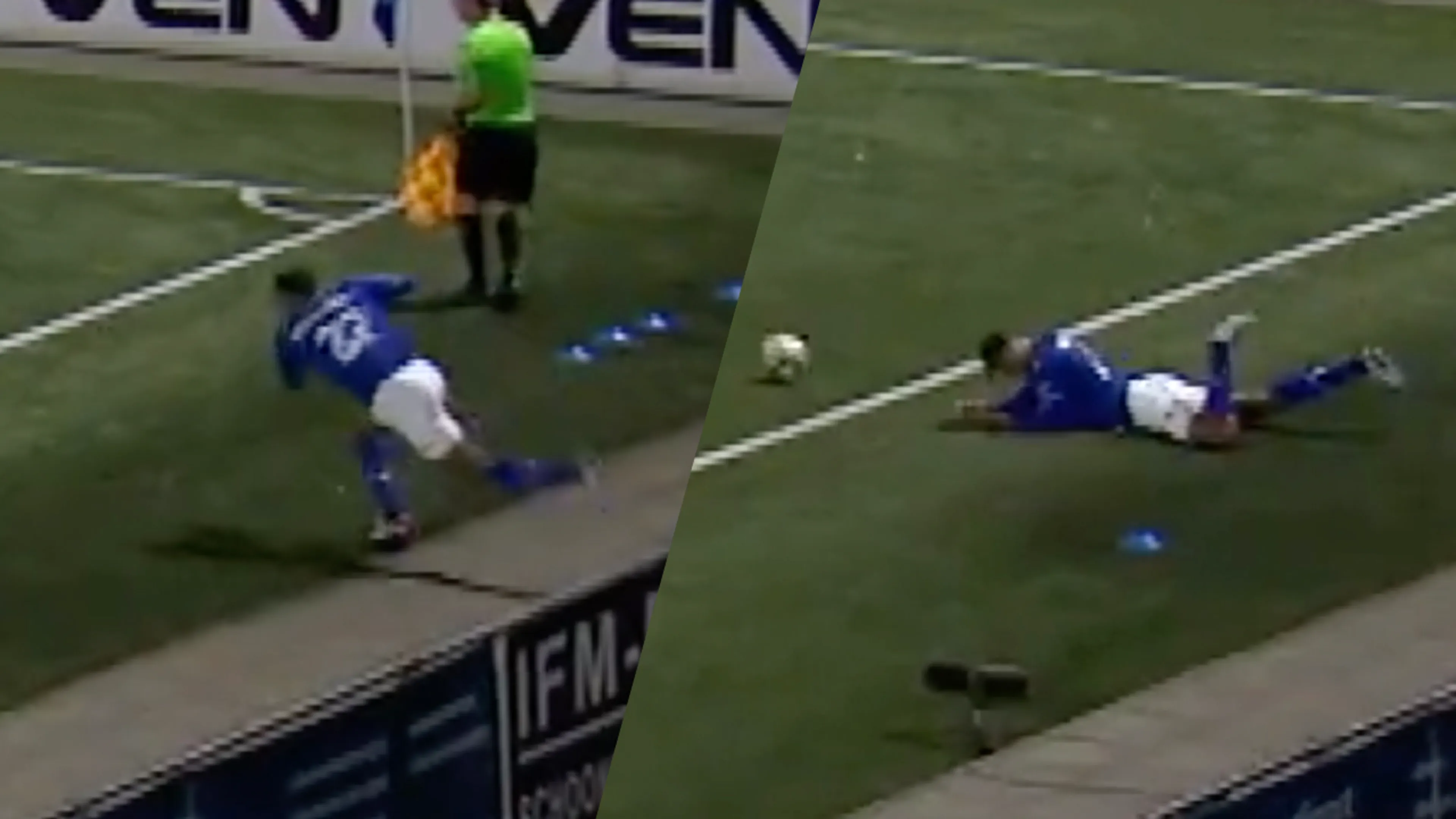 Video: FC Den Bosch-speler glijdt uit bij ingooi en gaat onderuit