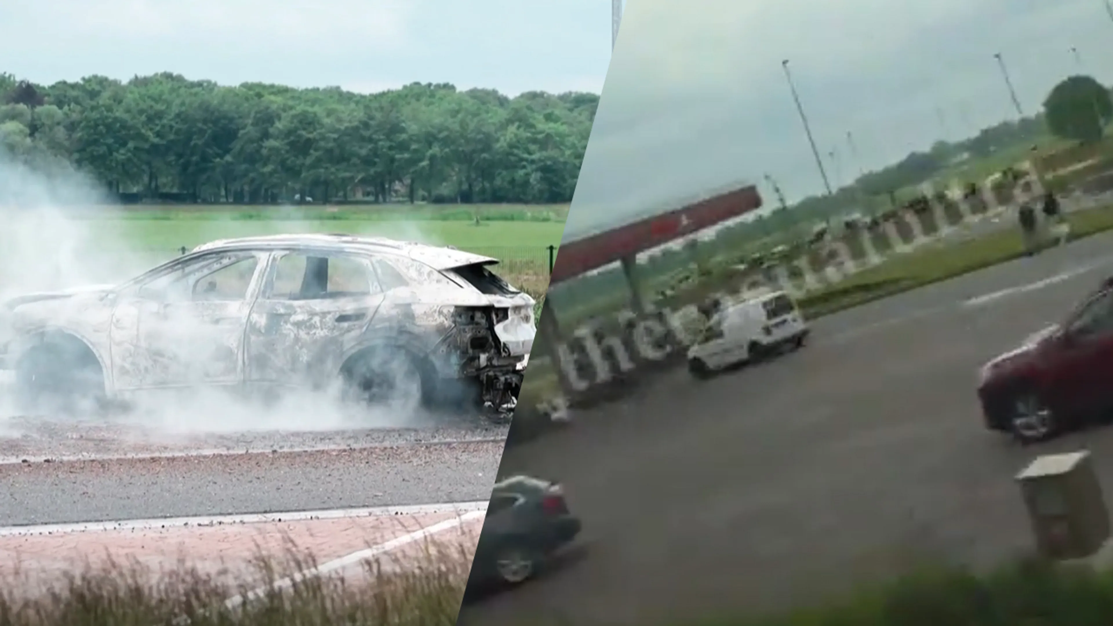 Video: Ajax-hooligans vallen Feyenoord-fans aan bij tankstation langs A28, auto in brand gestoken