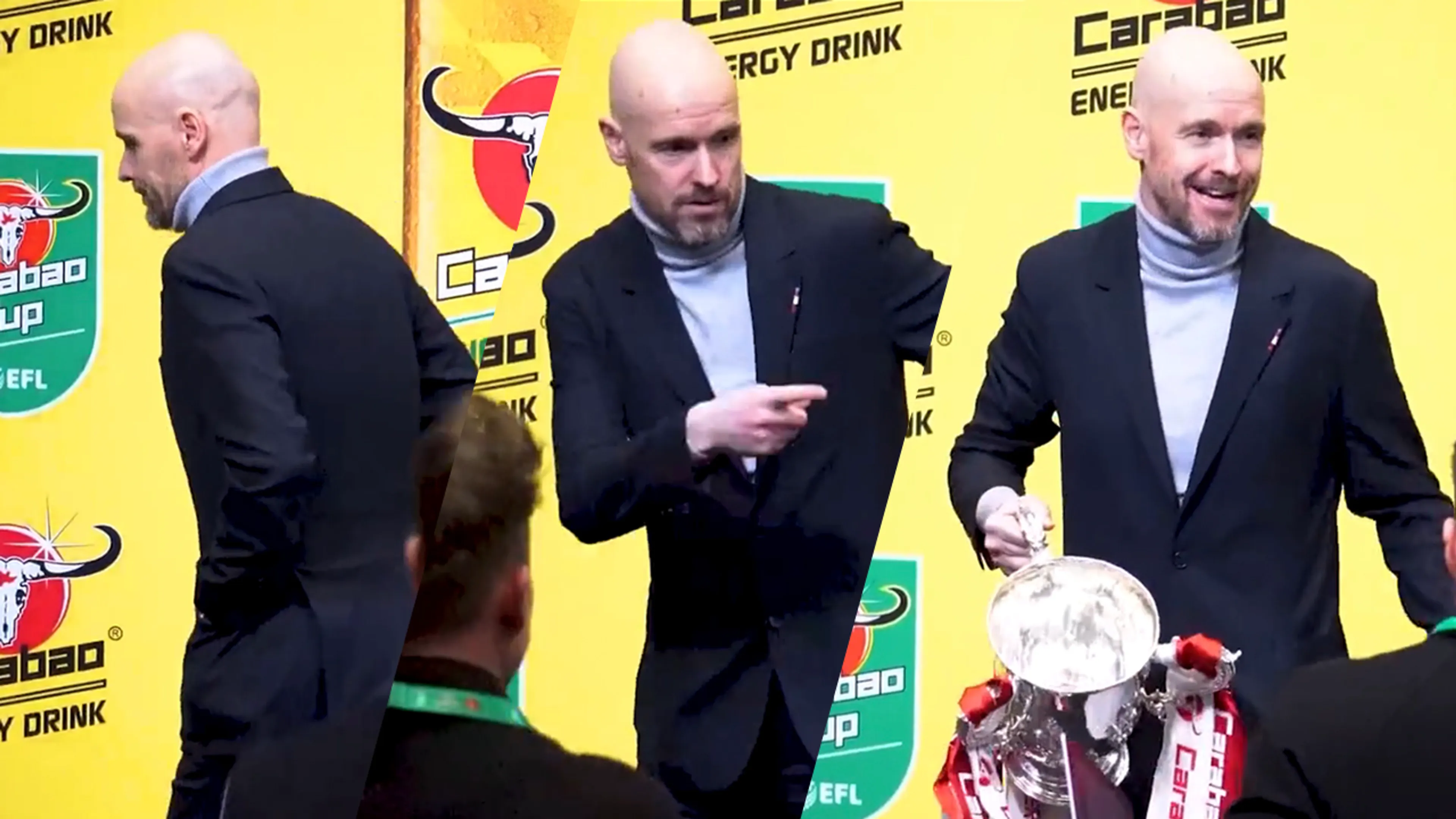 Ten Hag vergeet League Cup-beker mee te nemen na persconferentie: 'Erik, de prijs!'