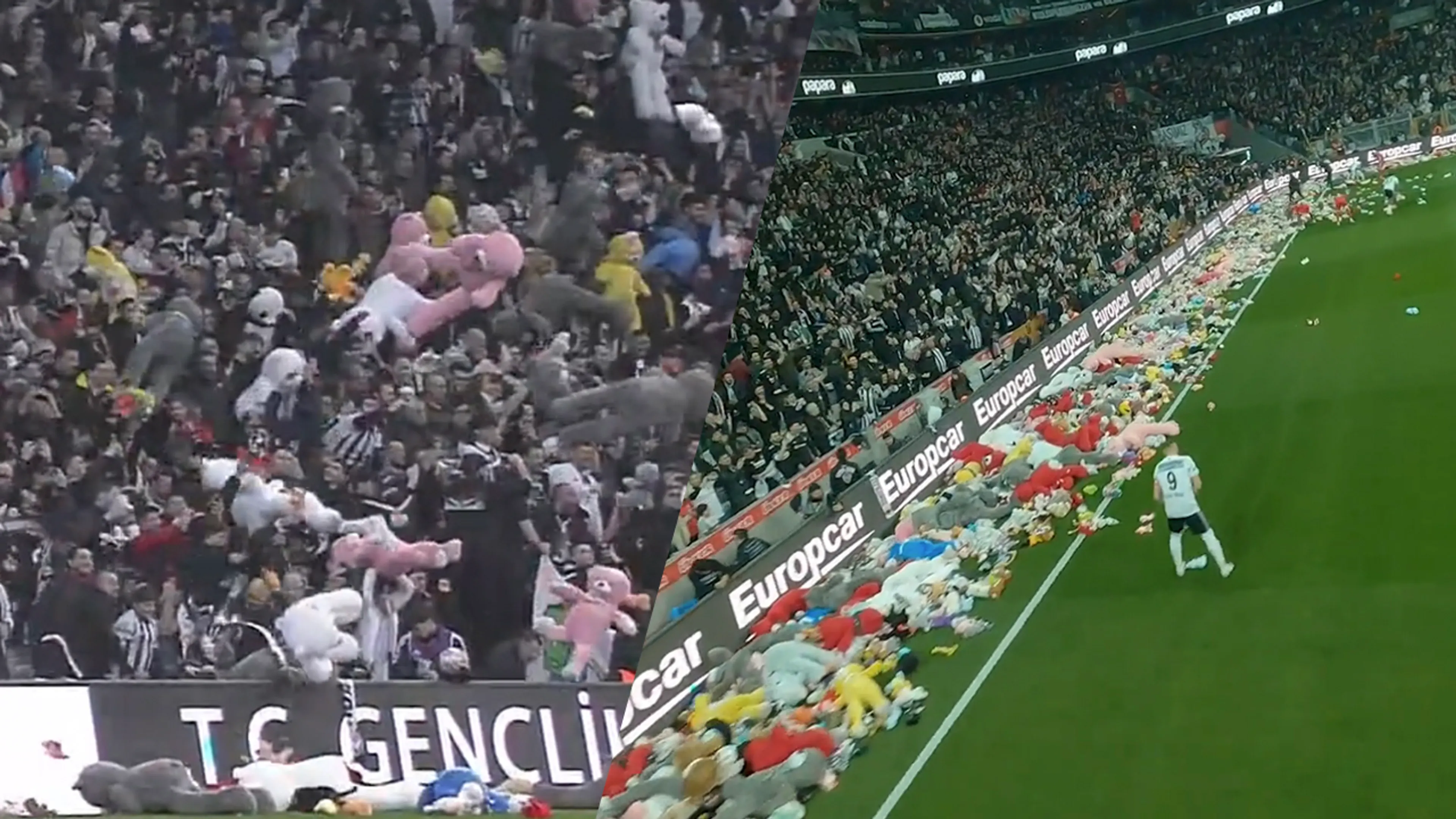 Kippenvel: Besiktas-fans eren omgekomen kinderen tijdens aardbevingen met knuffelregen