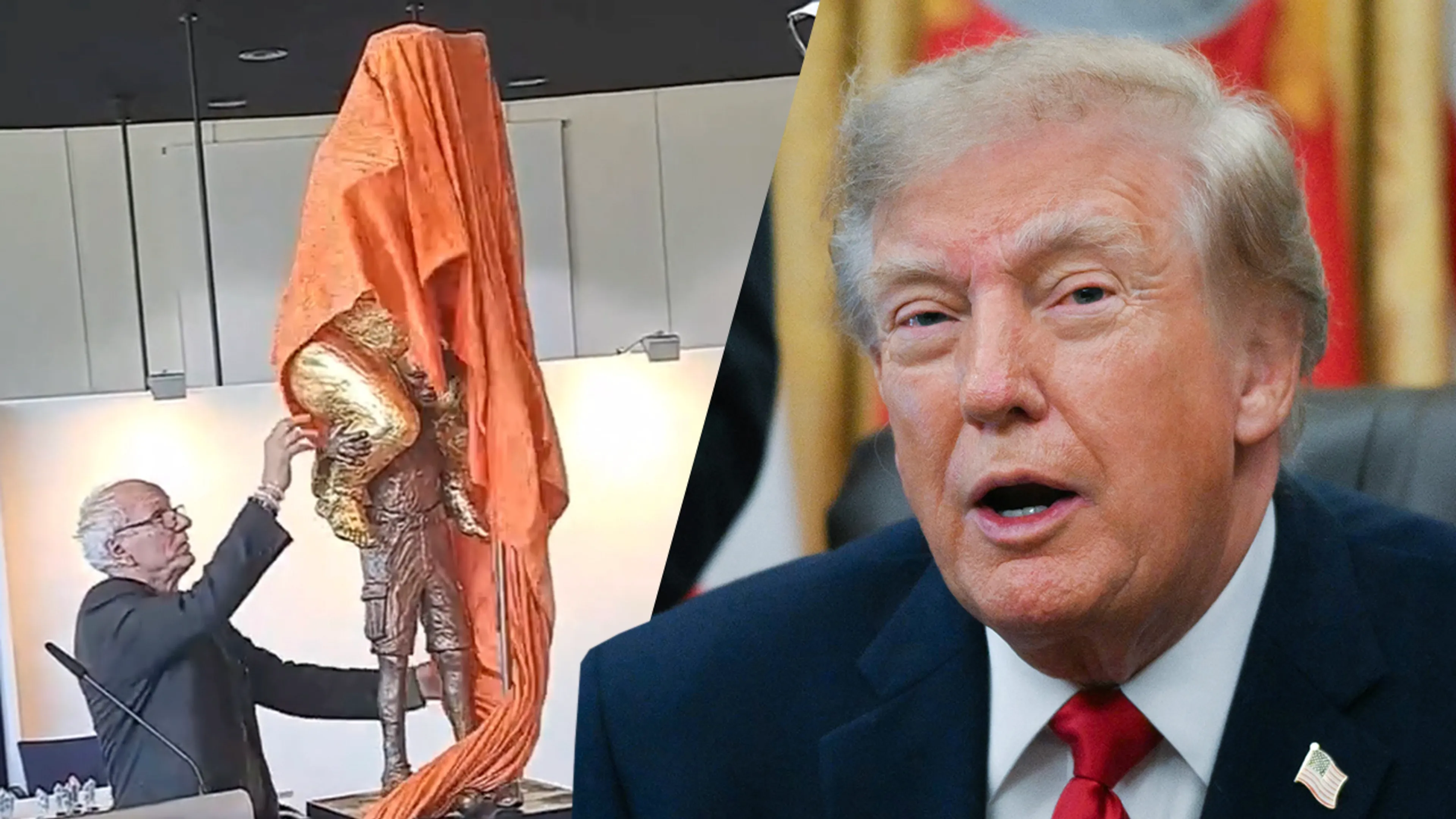 Video: Plotseling naakt standbeeld van Donald Trump opgedoken bij Europees Parlement