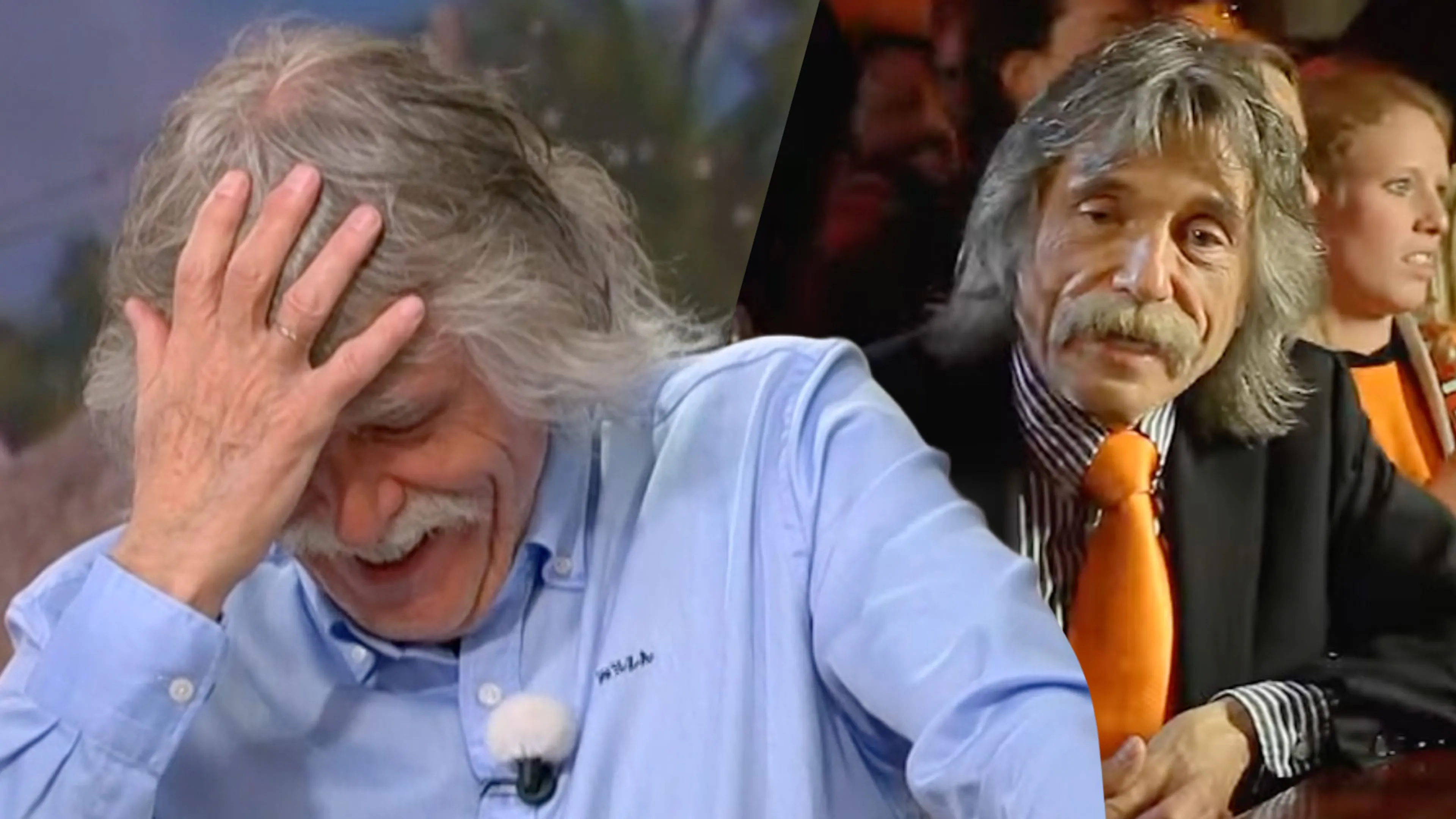 Johan Derksen slaat handen voor gezicht bij het zien van oude beelden 