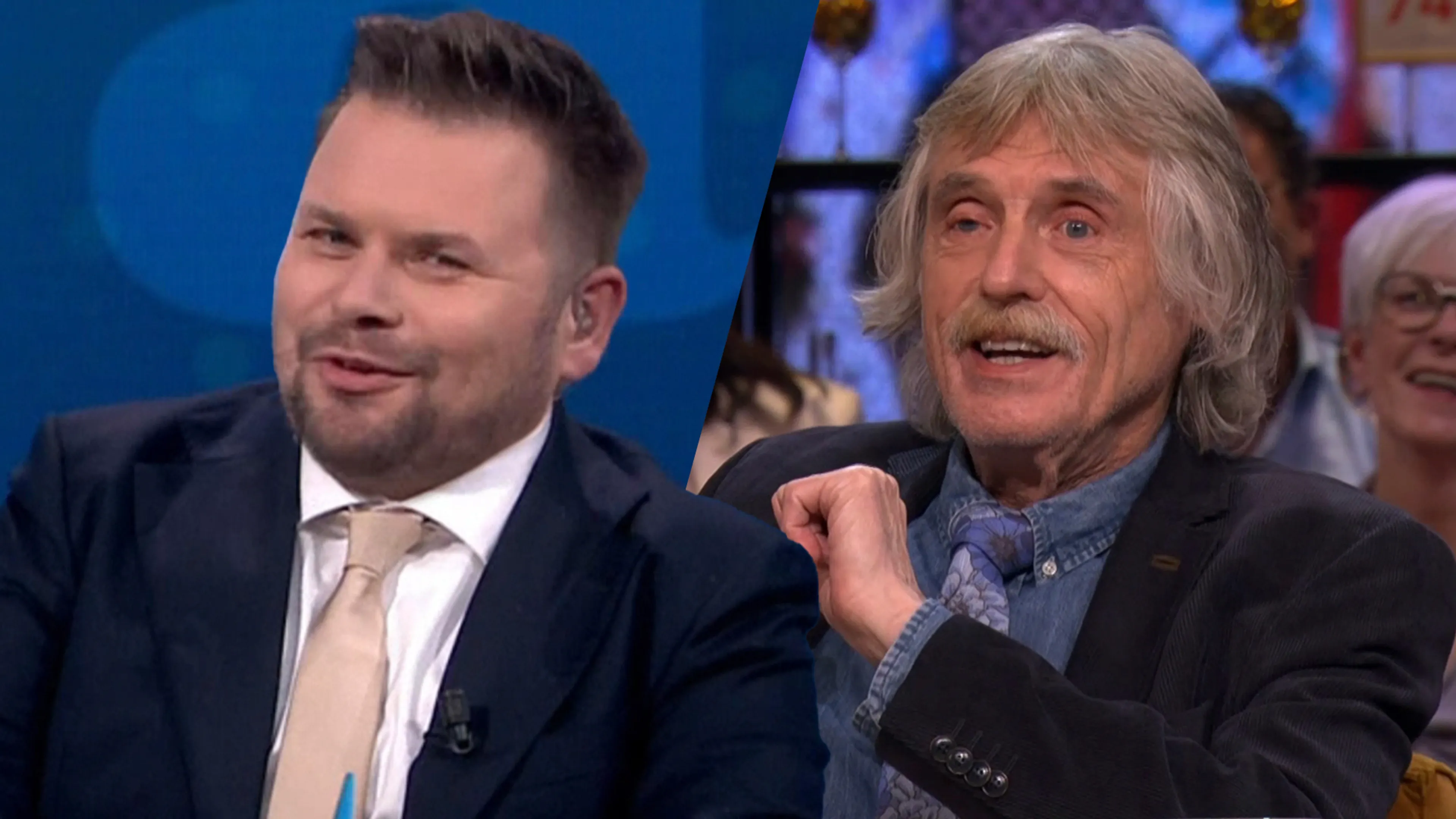 Johan Derksen geeft Thomas van Groningen gratis kledingadvies: ‘Geen nek? Geen stropdas!’