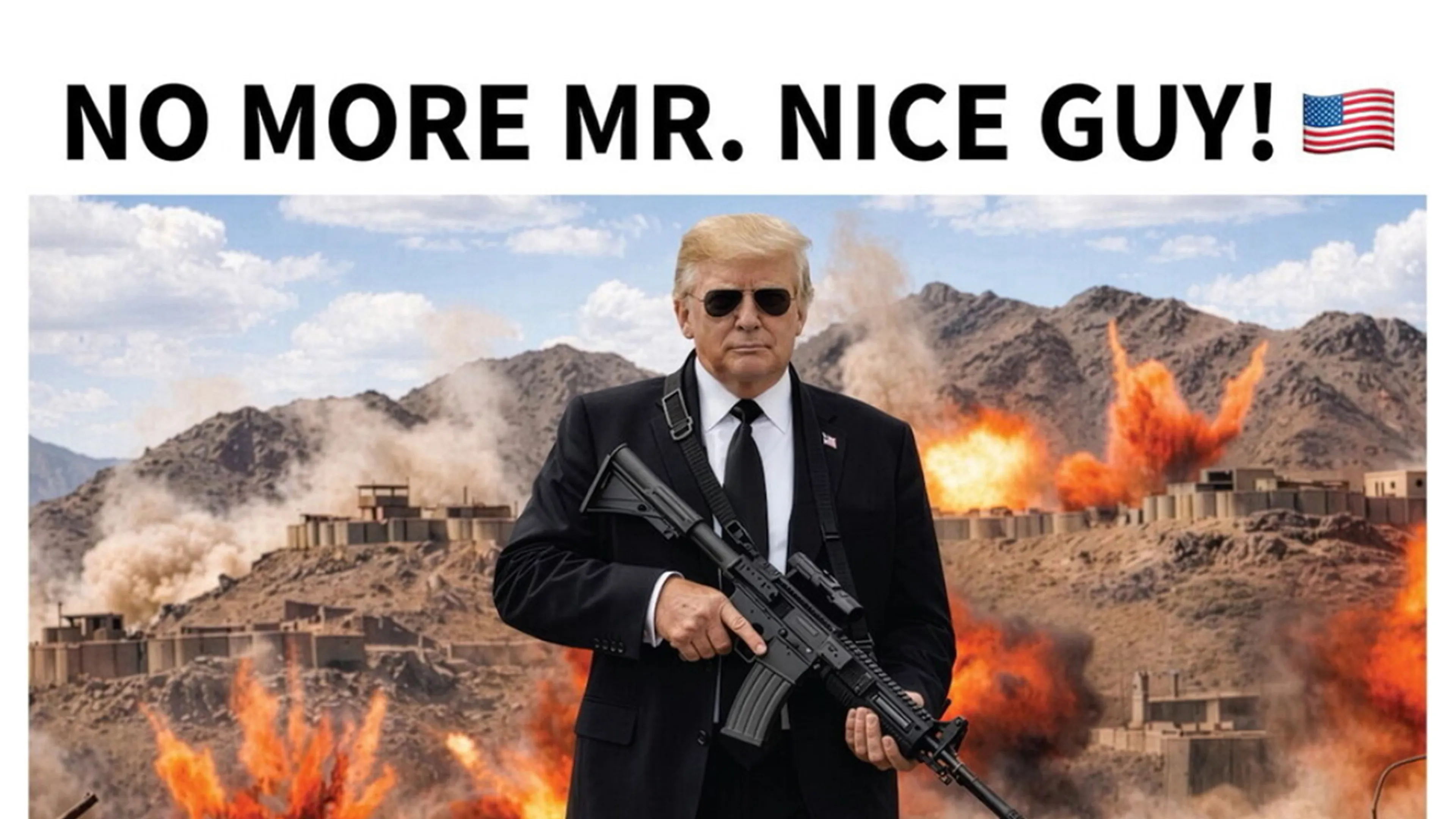 Trump bedreigt Iran met afbeelding van zichzelf met geweer: ’No more Mr. Nice Guy!’