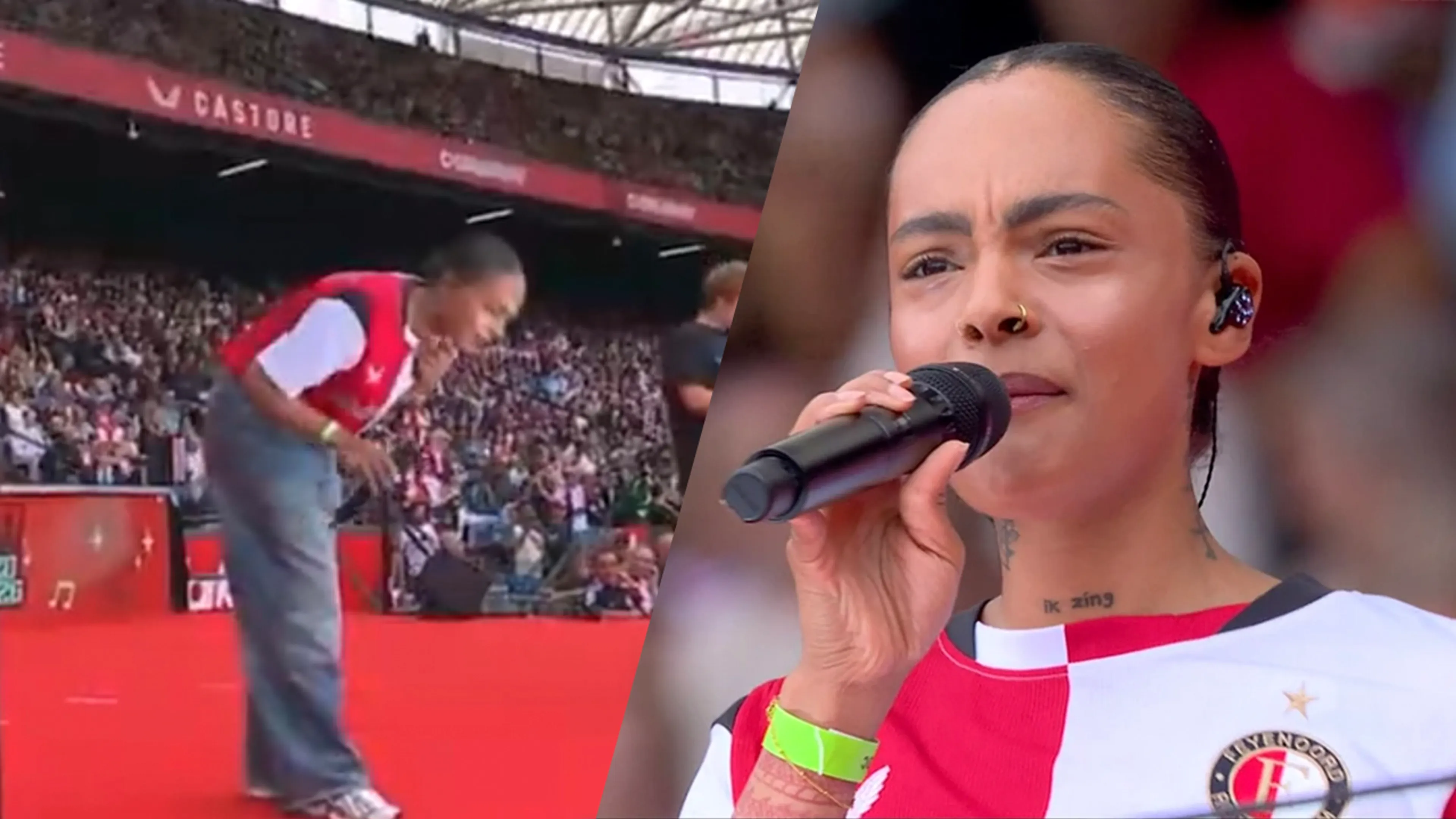 Zangeres Zoë Livay compleet de mist in tijdens Feyenoord Festival en reageert ludiek op kritiek