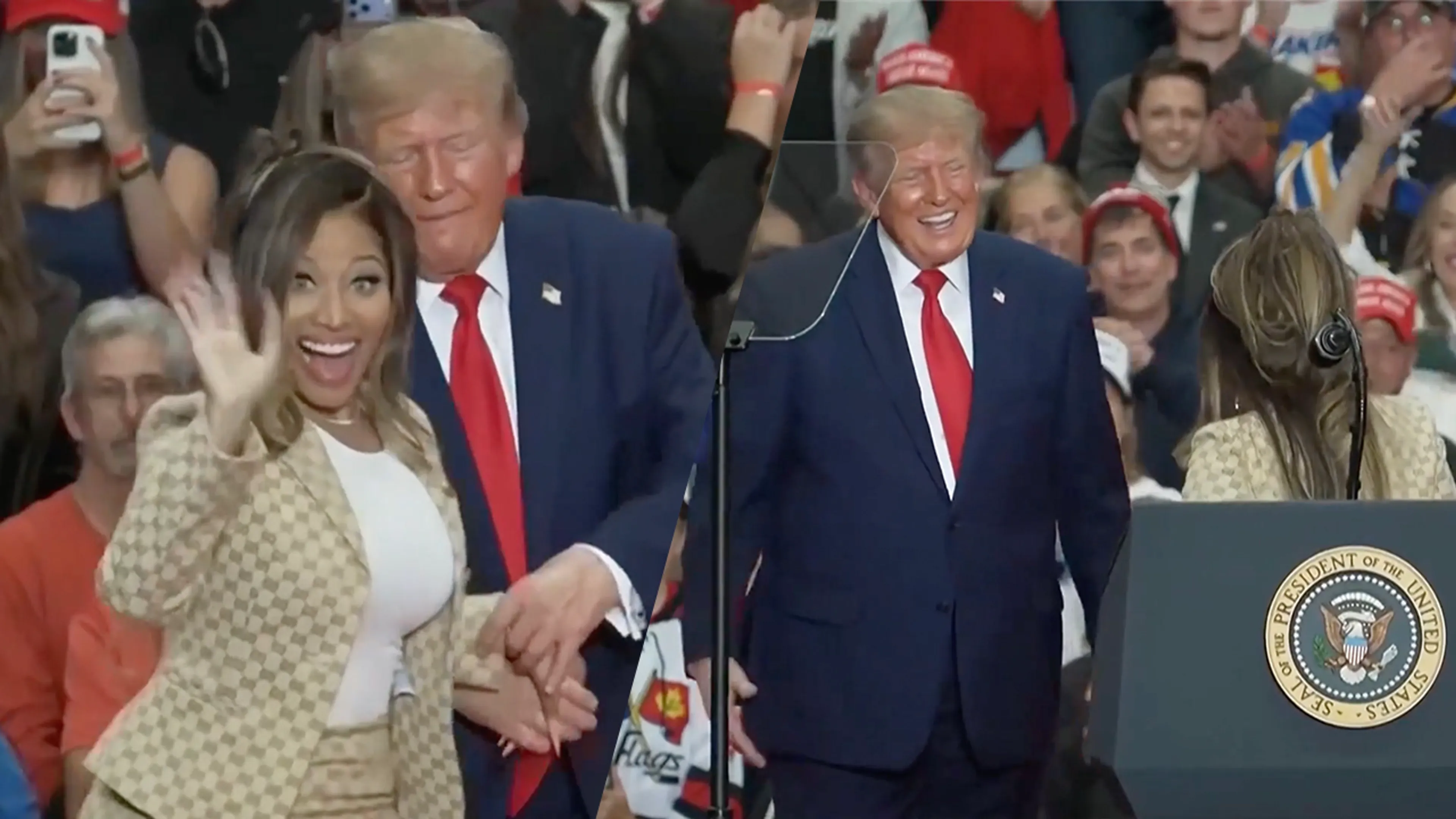 Video: Trump roept rapper Nicki Minaj op podium en doet opvallende uitspraak over haar billen 