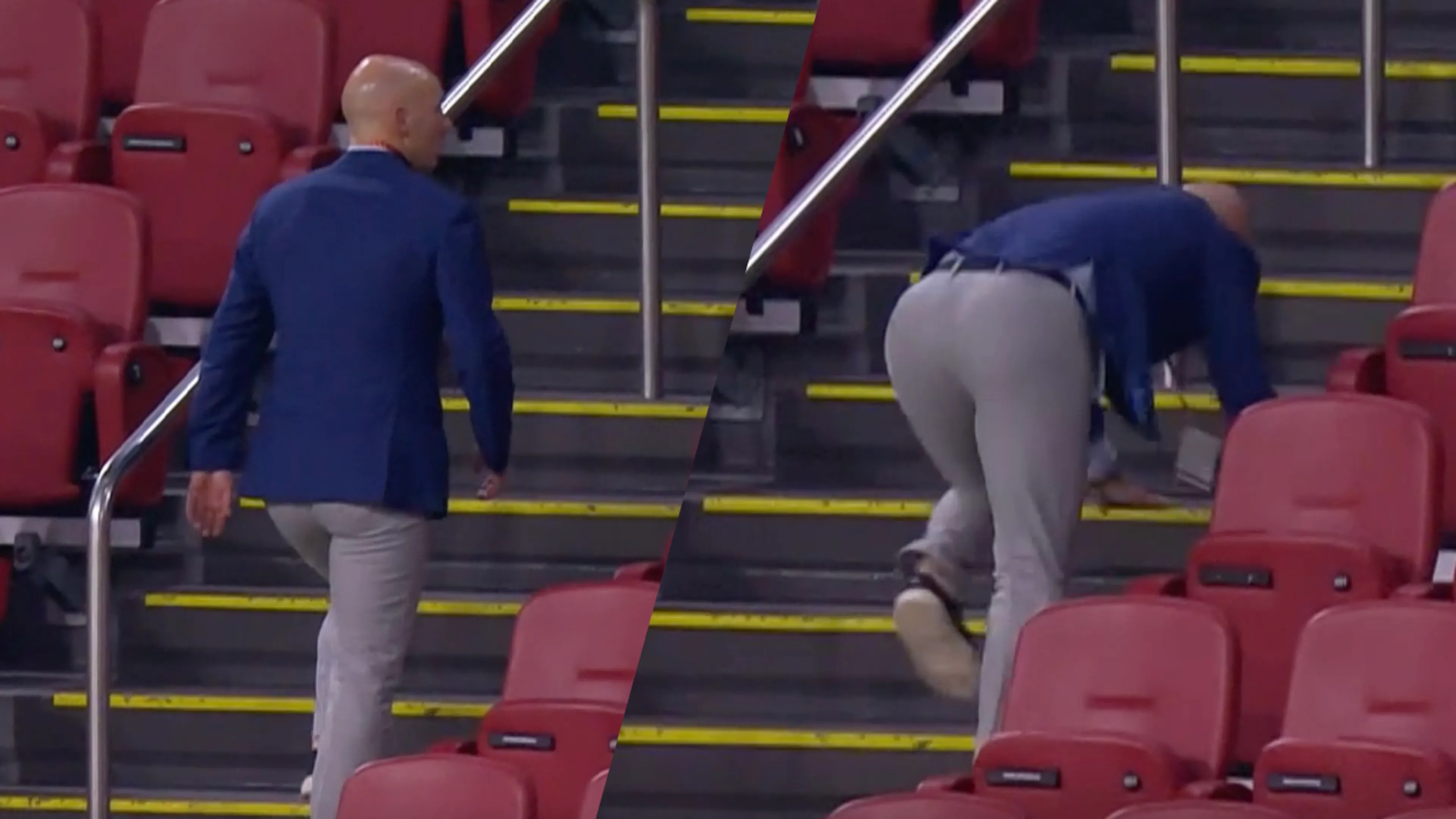 Video: Jan van Halst struikelt op trap Johan Cruijff Arena voorafgaand aan Ajax-Marseille