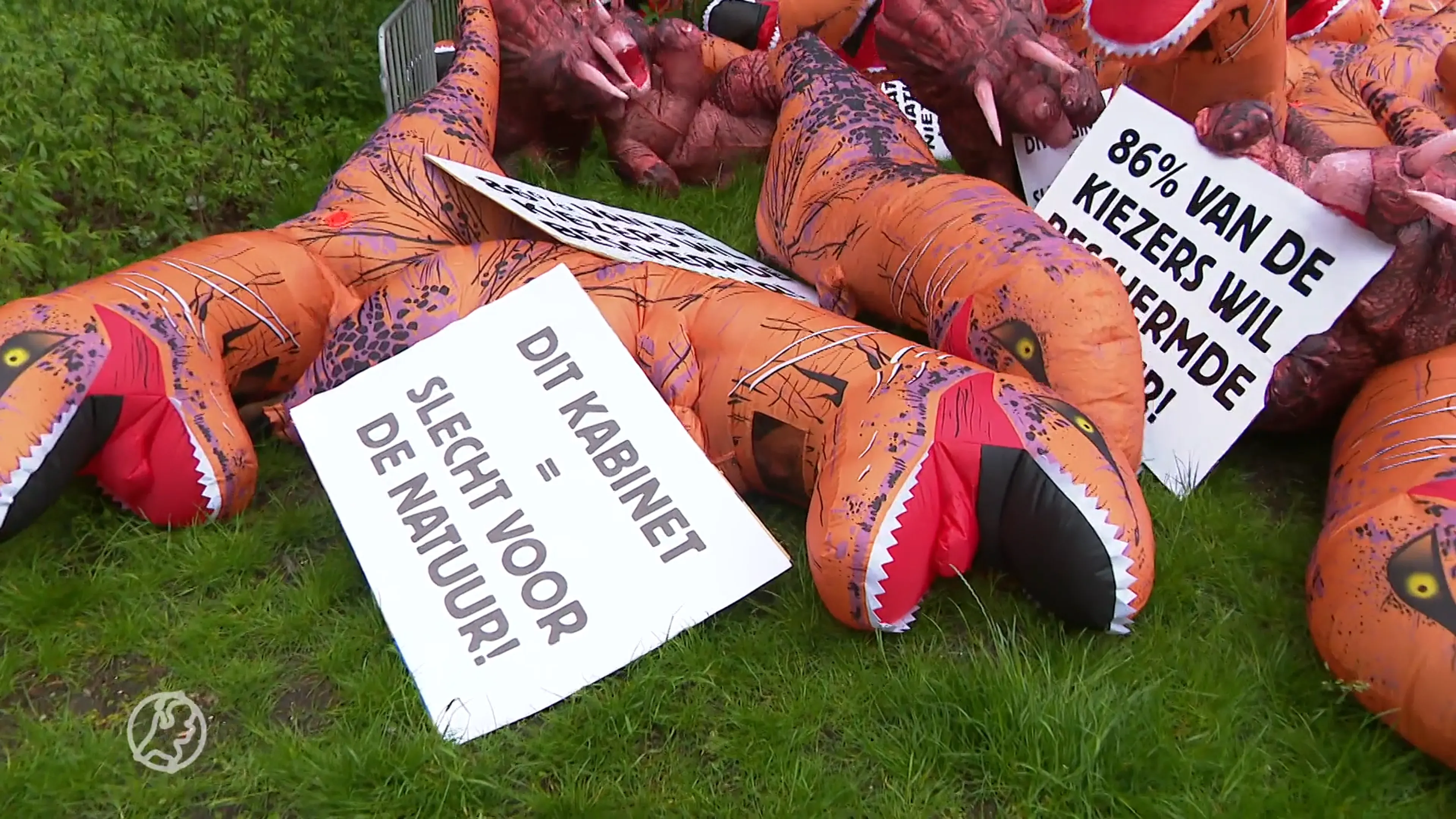 Bijzondere demonstratie: dino's vallen 'dood' neer voor Tweede Kamer