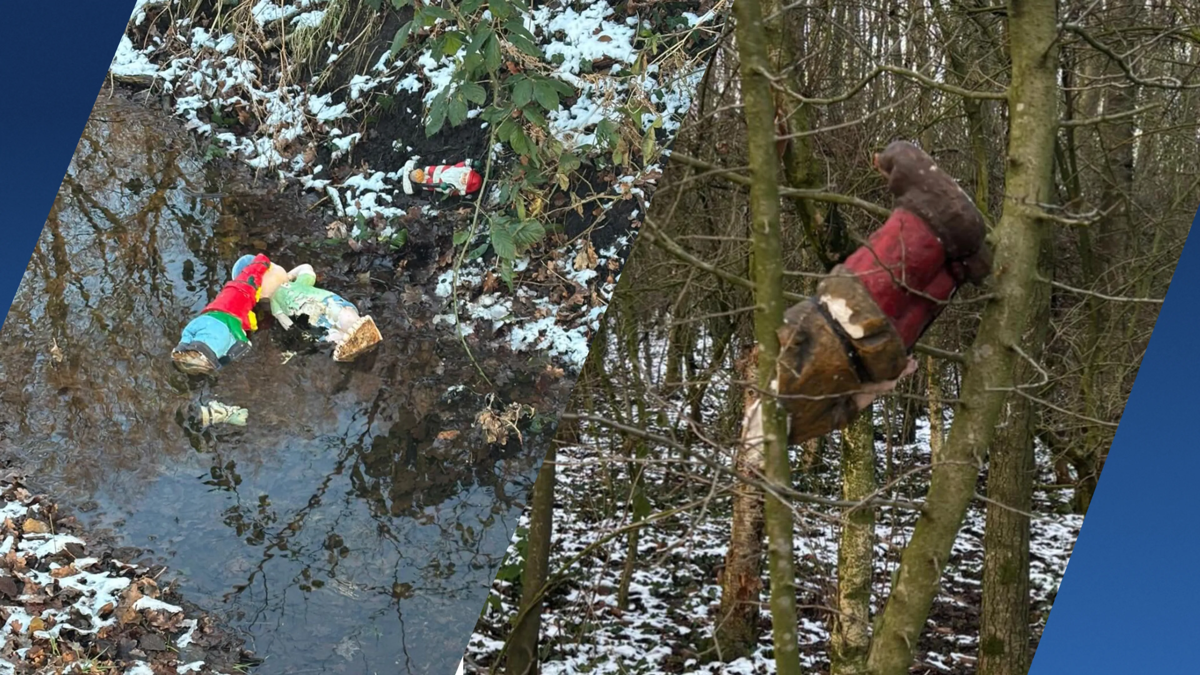 Kabouterbos in Rossum vernield: kabouters kapot en in beek gegooid