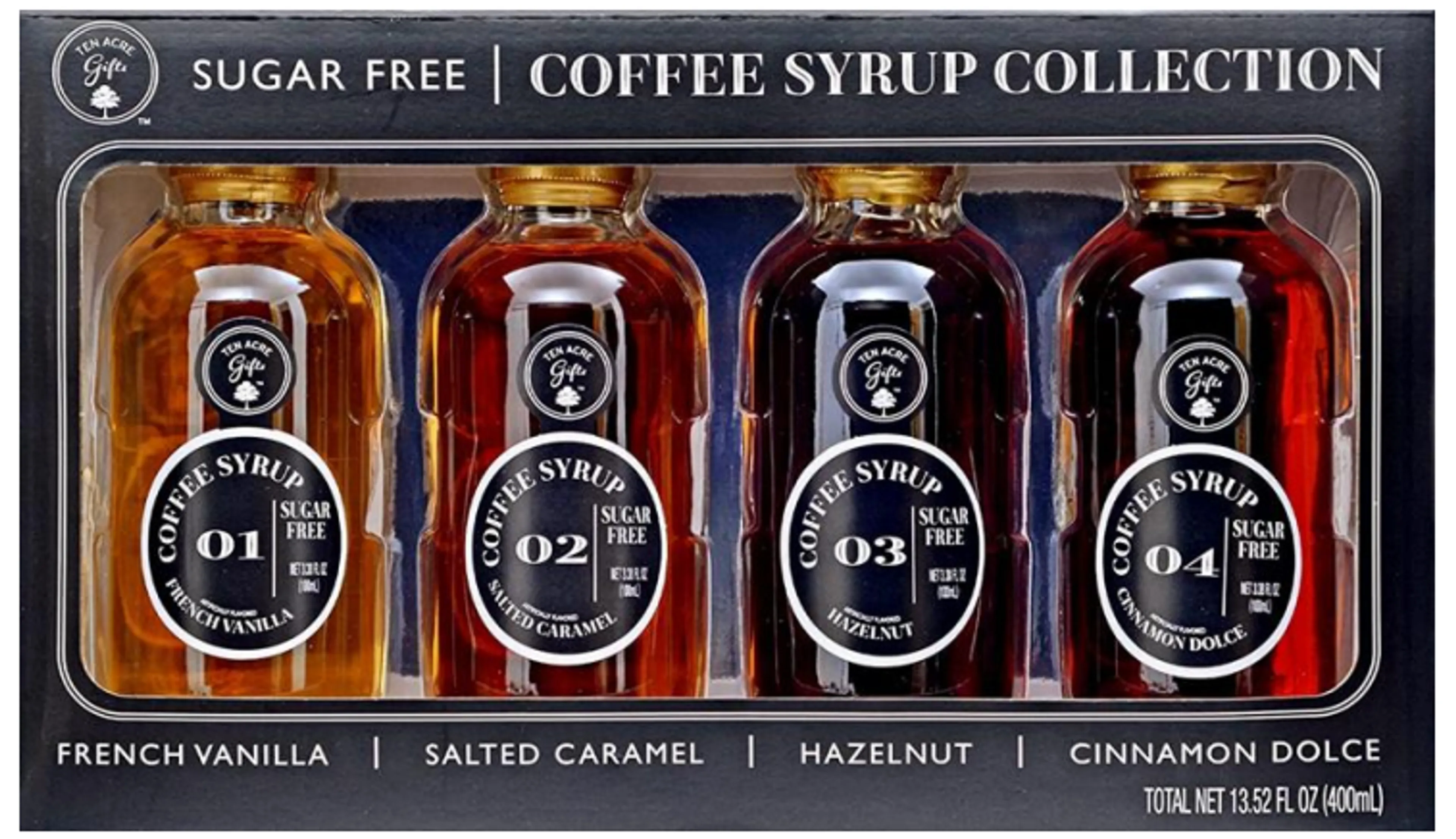 Koffiesiroopset Ten Acre Gifts kan sporen van tarwe, soja, noten en/of pinda's bevatten
