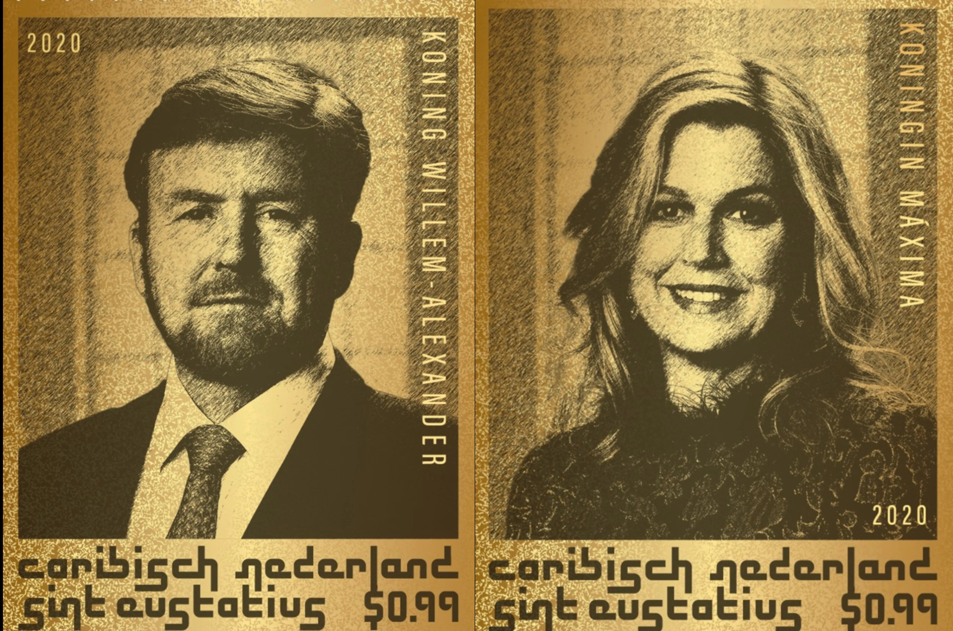Koning mét baard en koningin vereeuwigd op speciale gouden postzegels