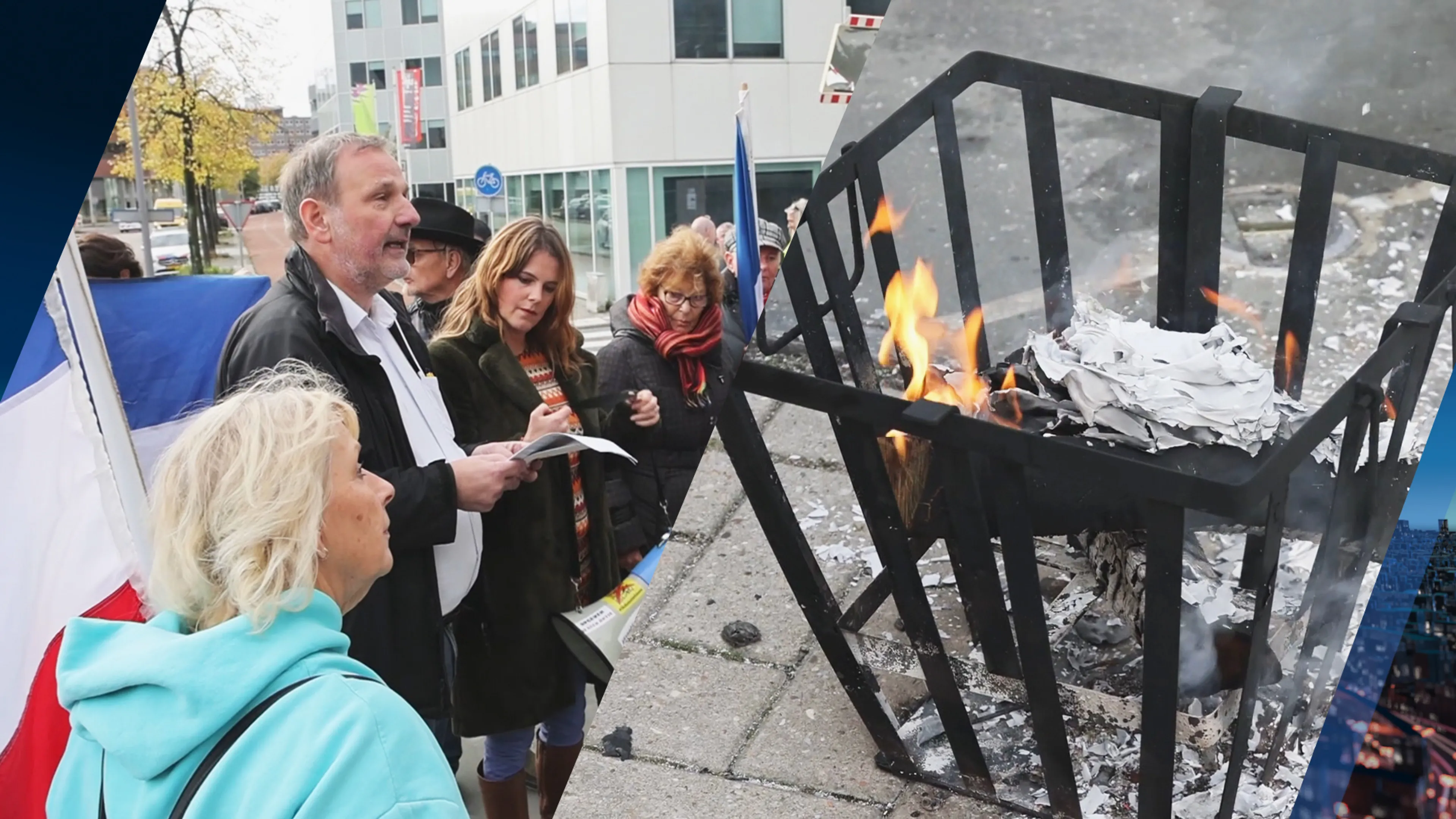 Ludieke actie bij hoofdkantoor Eneco Rotterdam: mensen steken energienota in brand