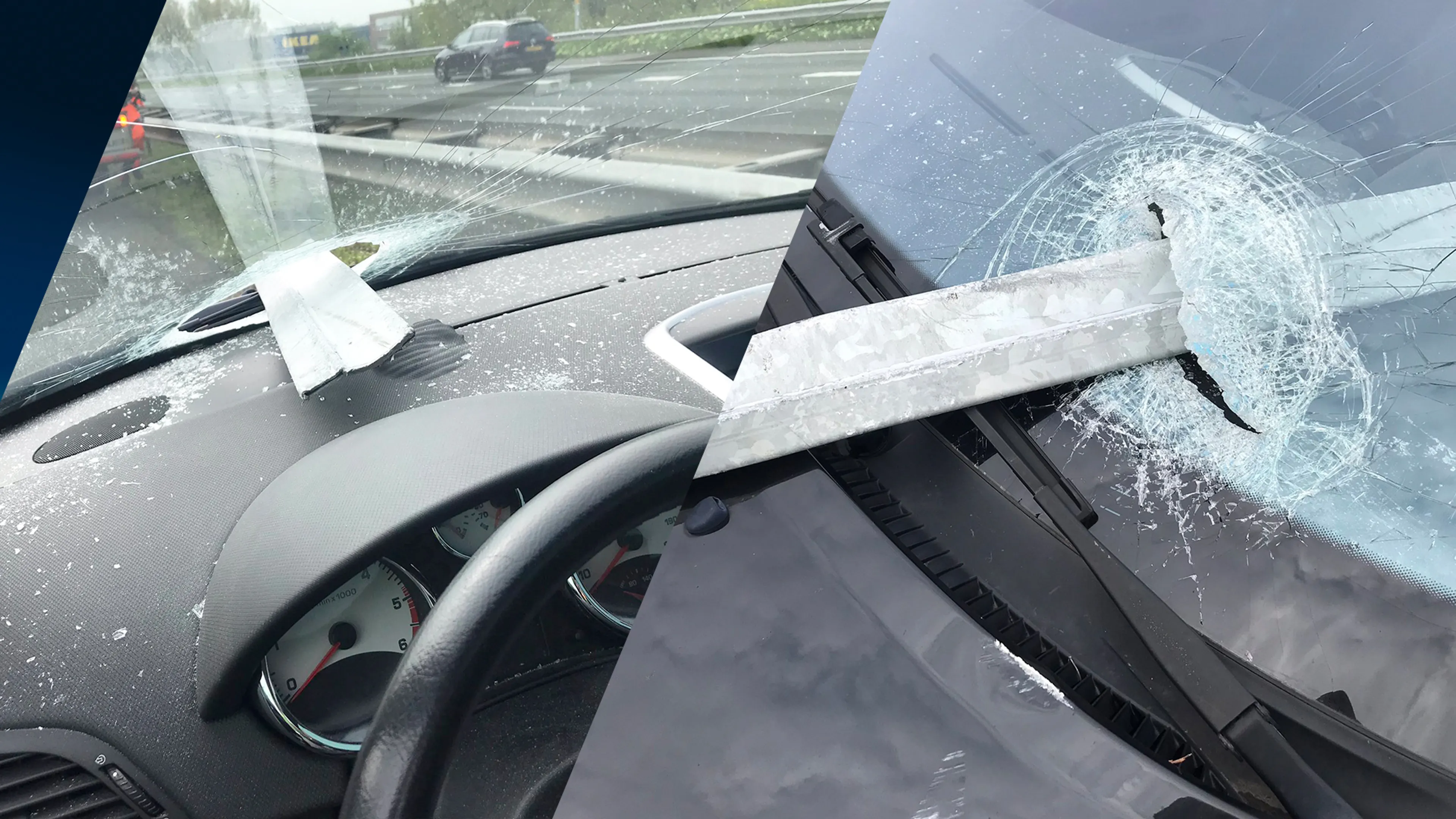 Schrik van je leven: metalen buis doorboort voorruit van auto op A12