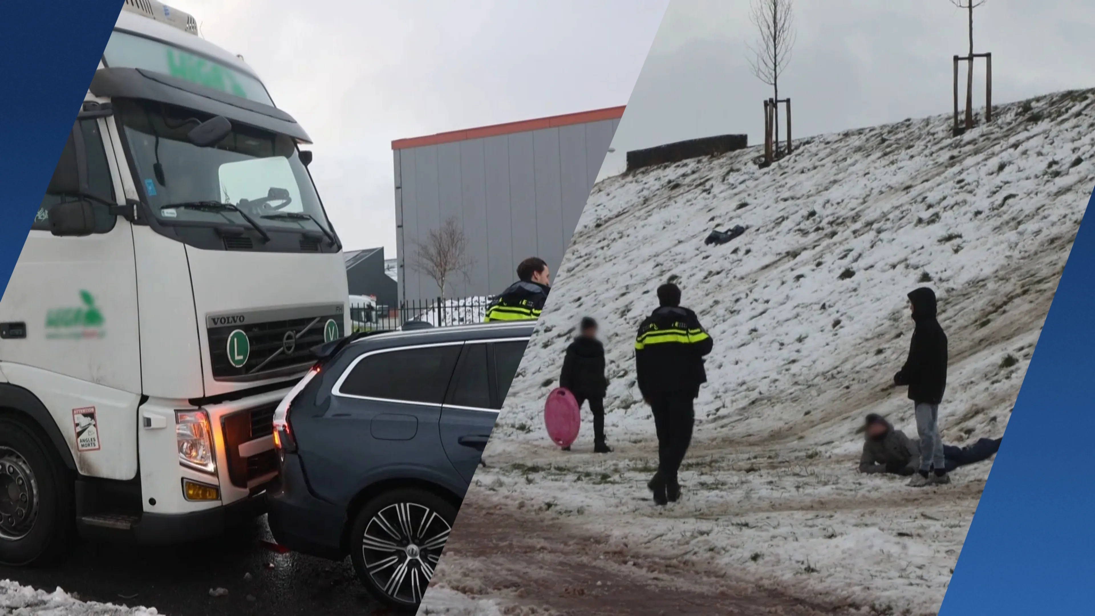 Automobilist remt voor jongeren op slee, vrachtwagen botst achterop