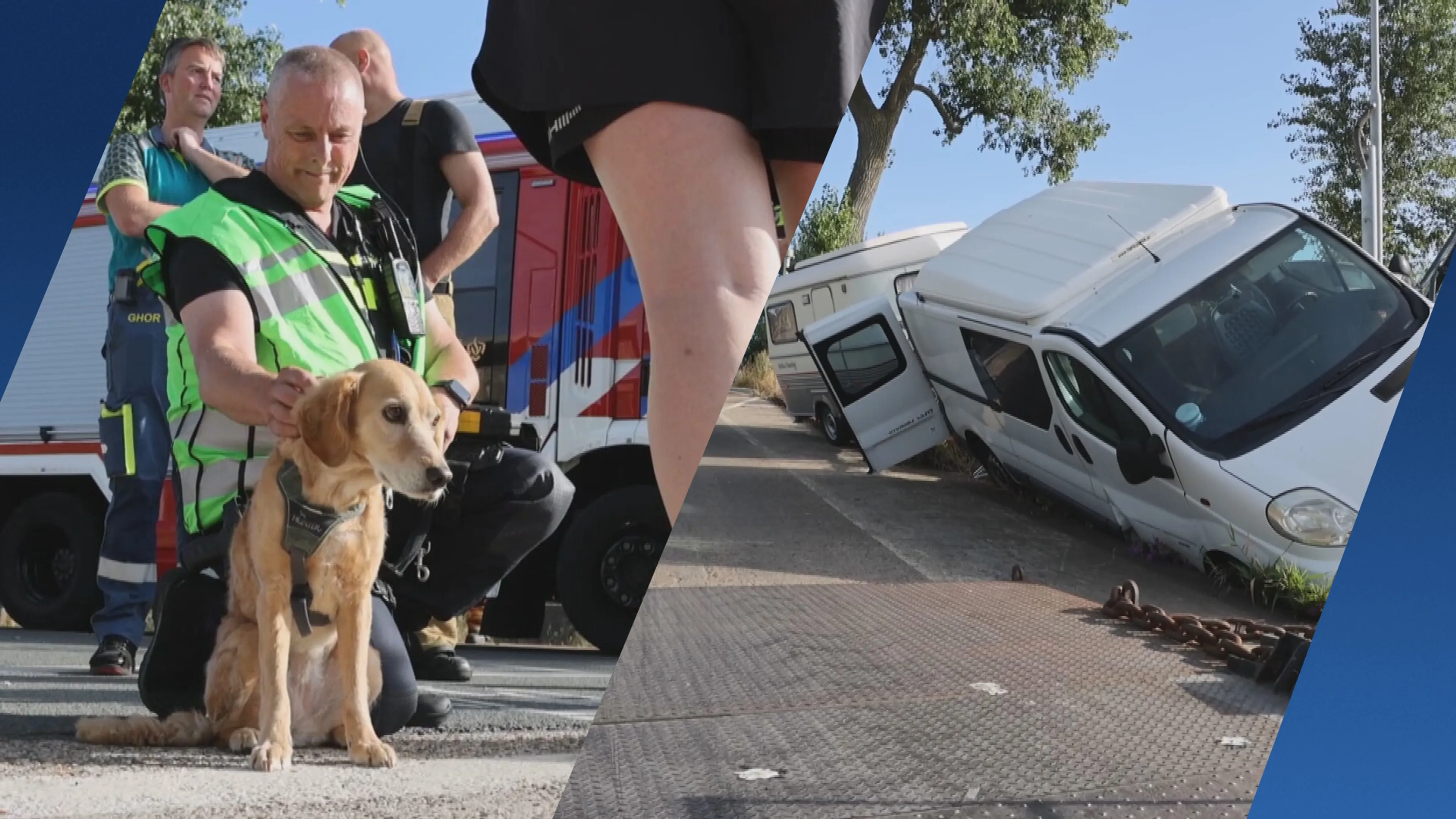 Auto met caravan rolt van talud bij pont bij Dordrecht, hond uit voertuig gered
