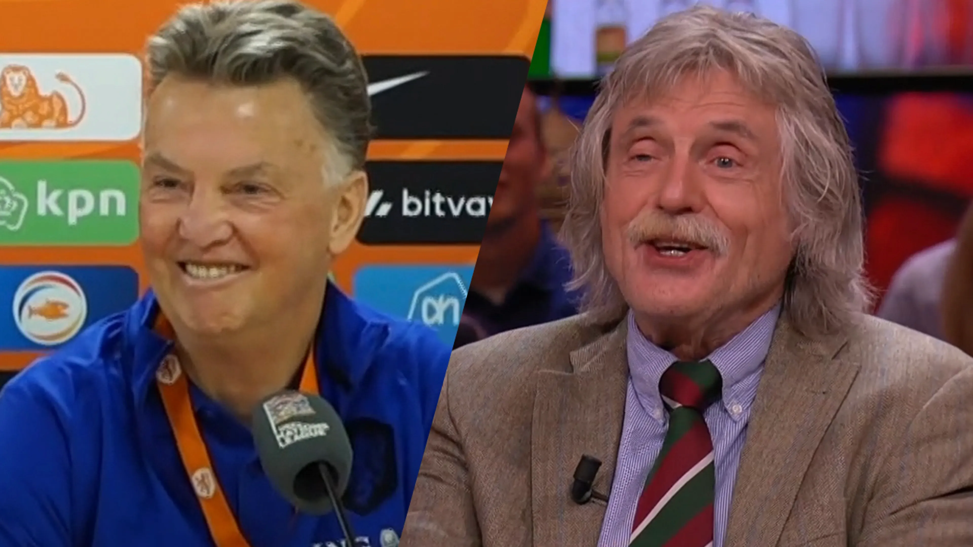 Johan ziet beelden van Van Gaal op persconferentie: ‘Als hij ontspannen is, is hij leuk’