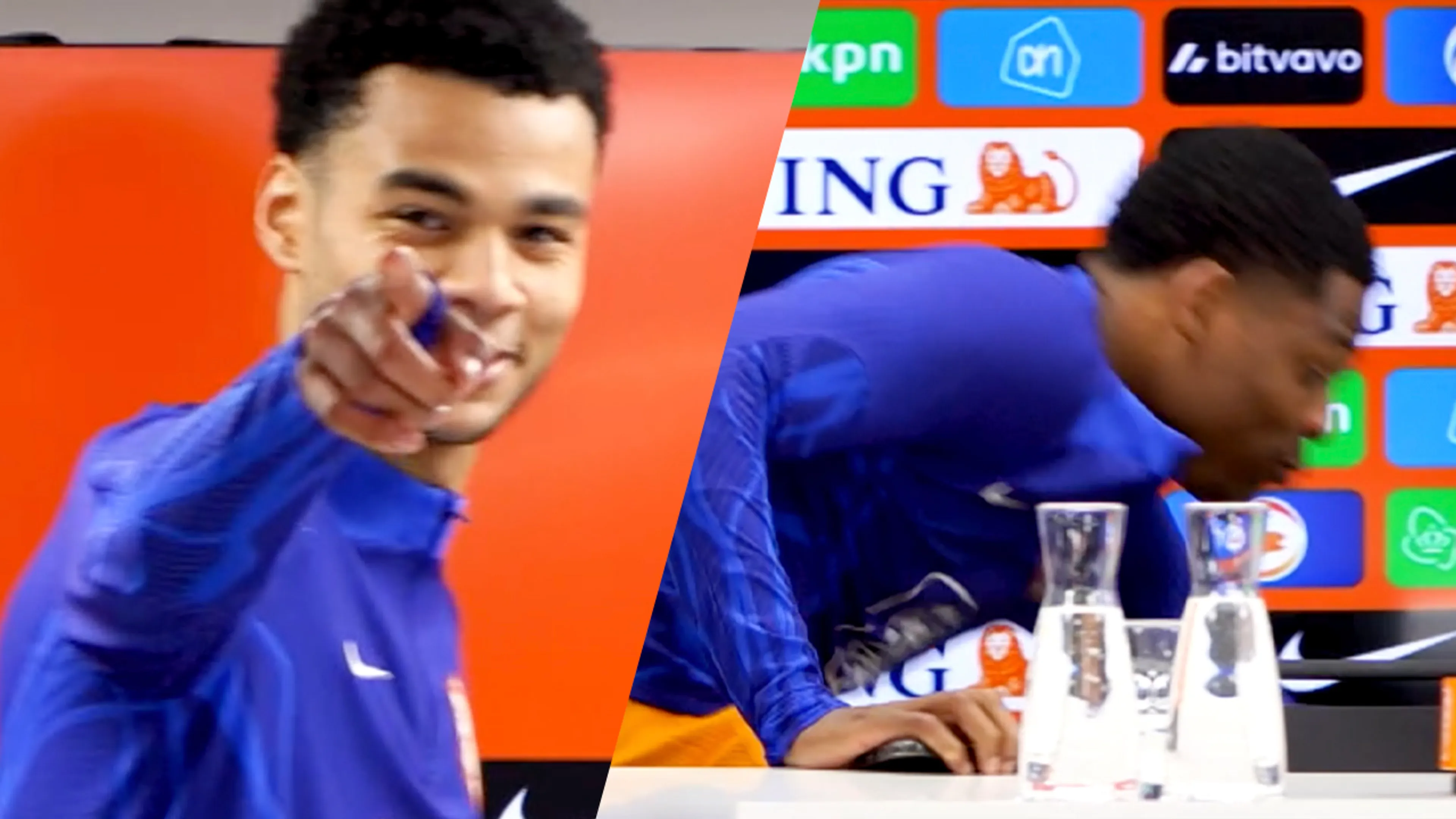 Denzel Dumfries struikelt bij start persconferentie: 'Staat dat erop?!'