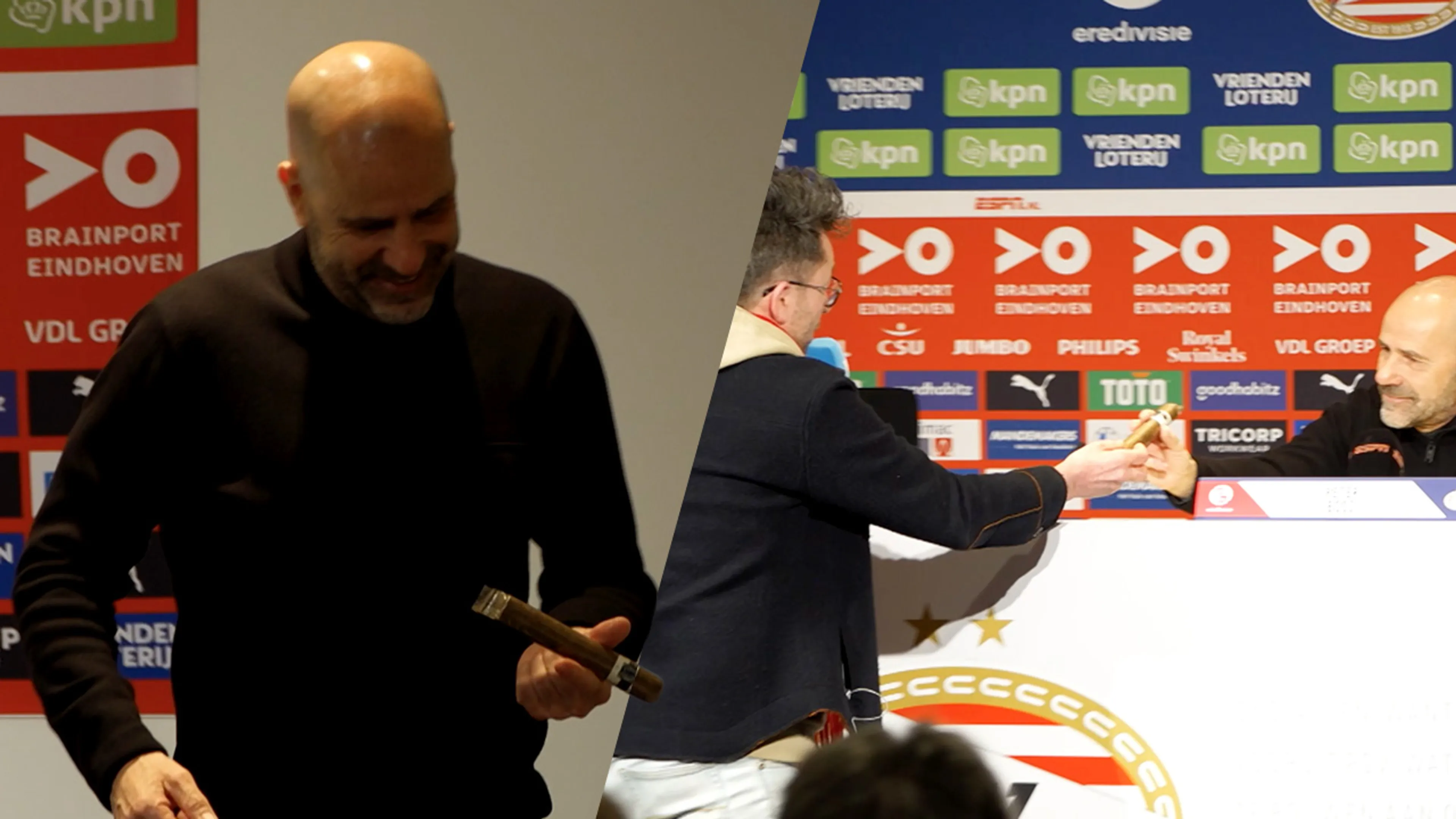 Peter Bosz krijgt dikke sigaar overhandigd van Tom Staal