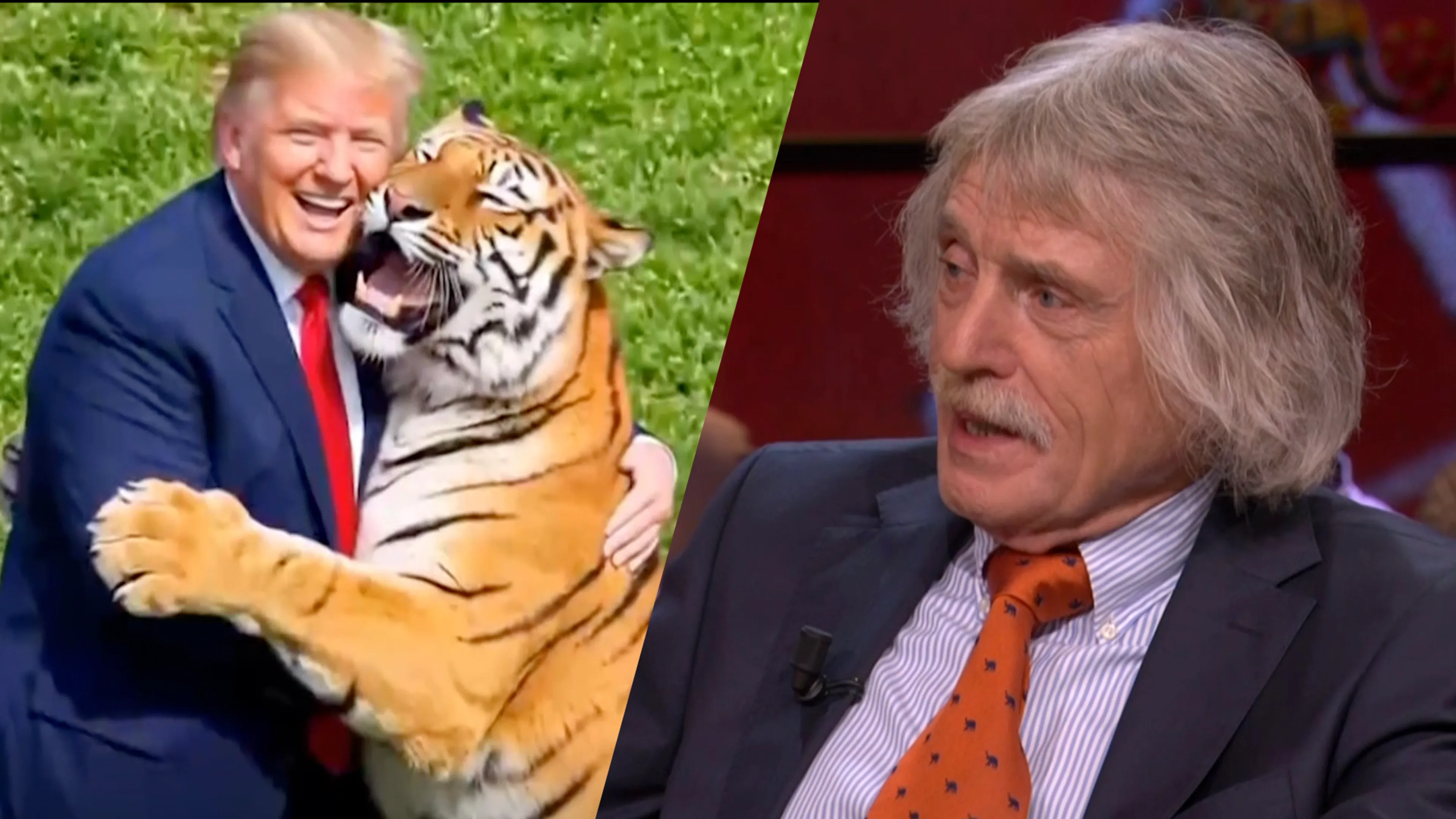 Johan Derksen ziet AI-filmpje van Donald Trump met tijger: 'Dan ben je niet goed bij je hoofd!'