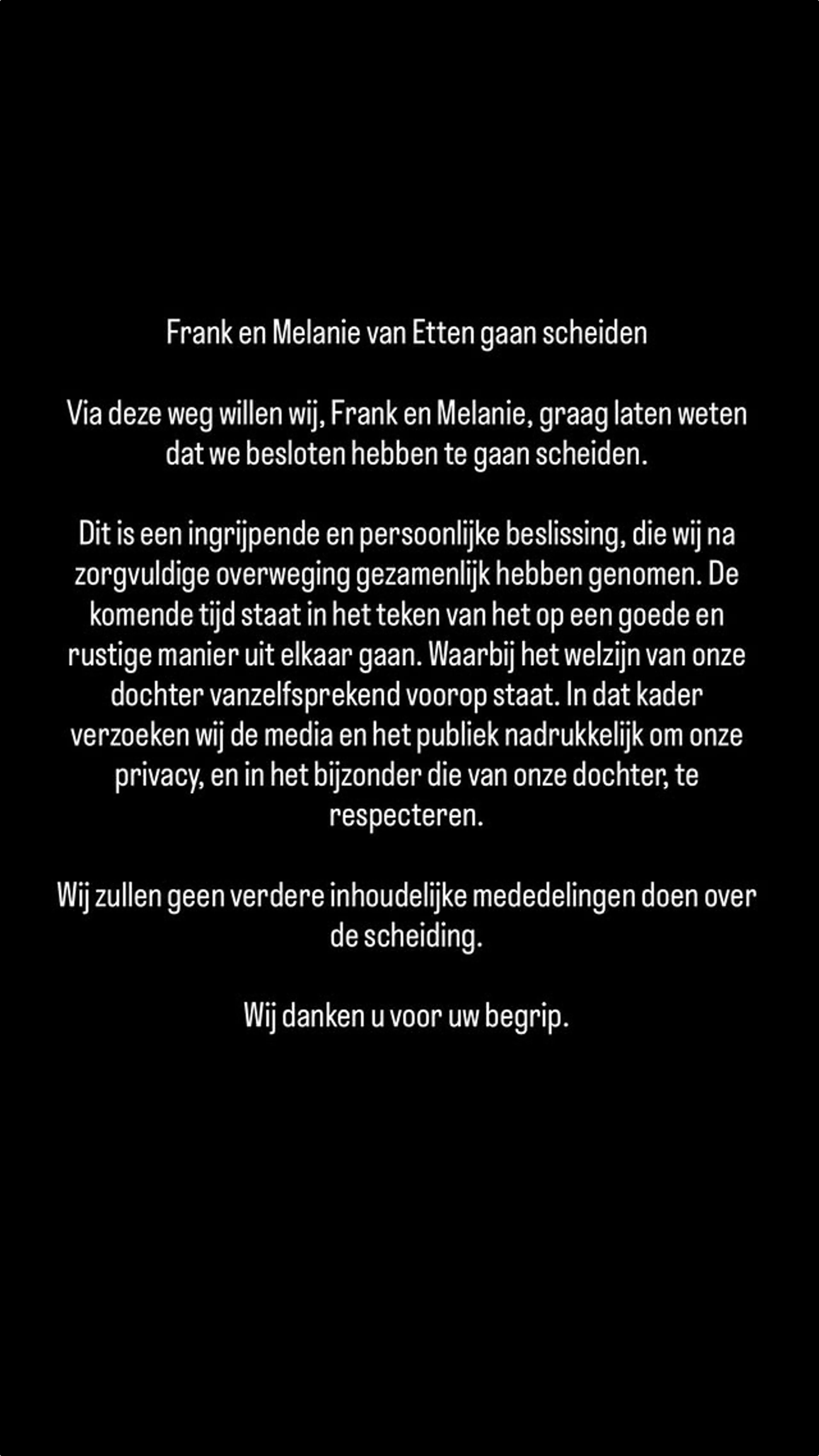 Frank van Etten en Melanie gaan scheiden (@Instagram)