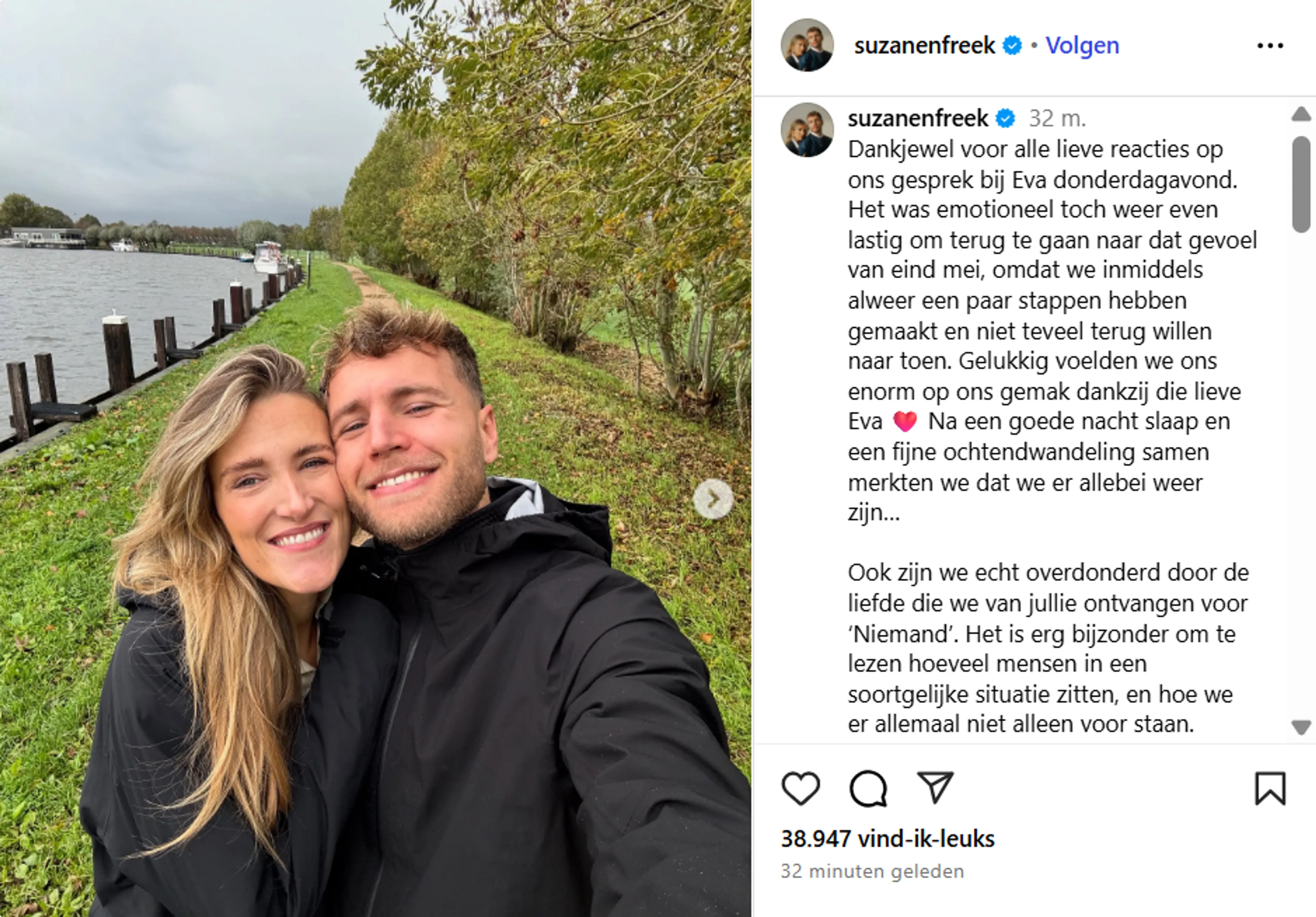Suzan en Freek tijdens hun ochtendwandeling, bron: Instagram.