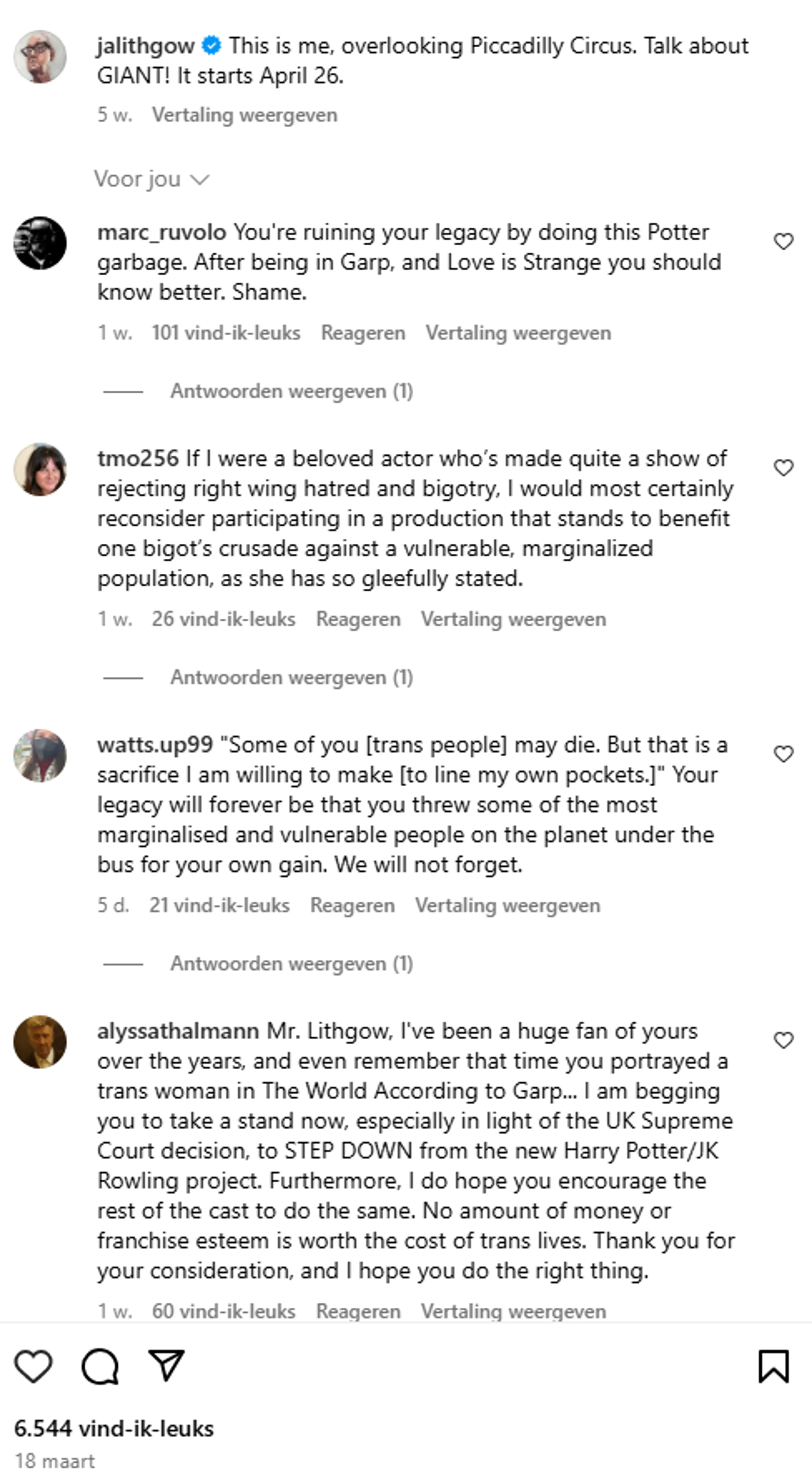 Reacties van (voormalig) fans op John zijn nieuwe acteerklus - Bron: Instagram John Lithgow.