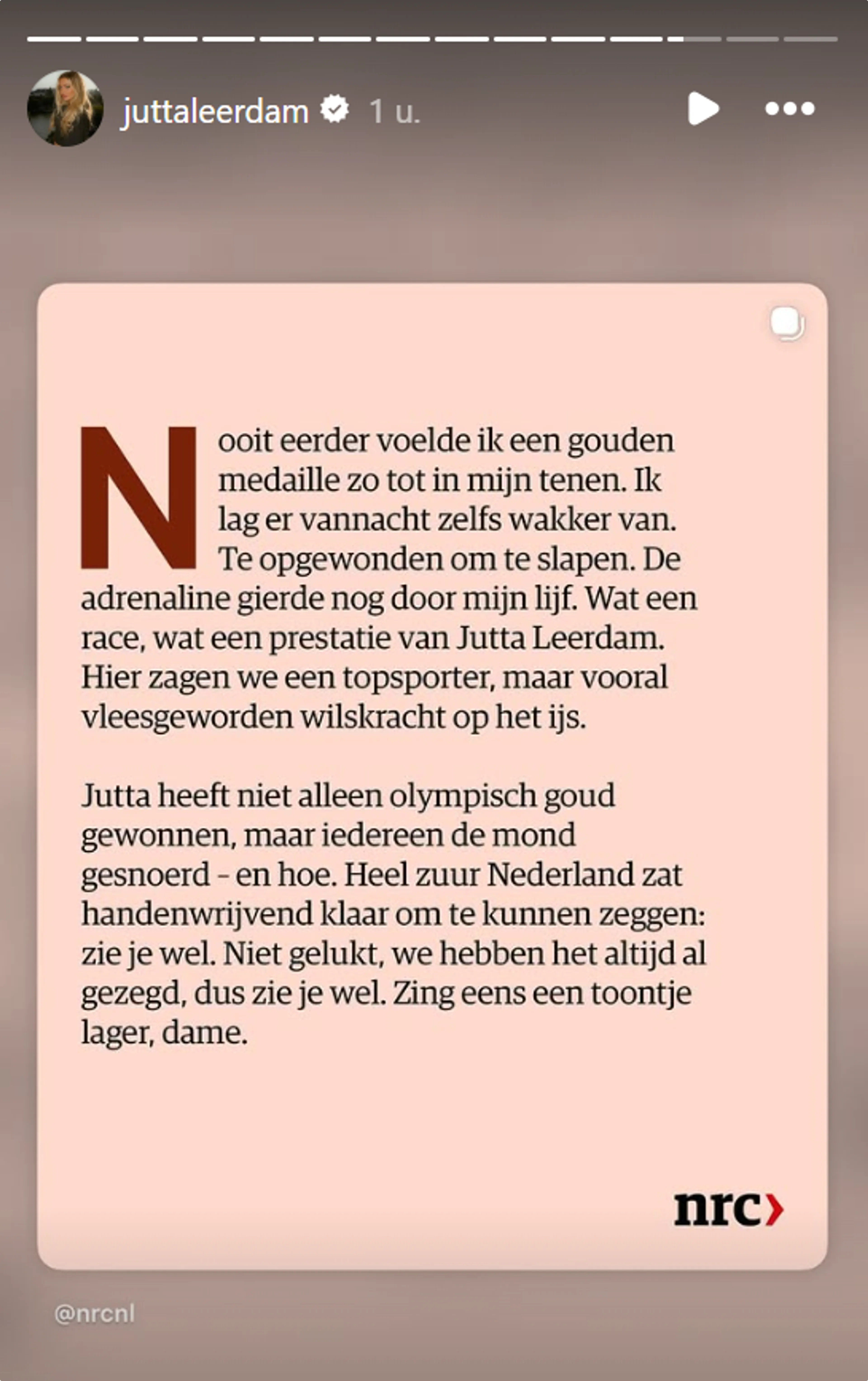Jutta Leerdam deelt NRC-column (@Instagram).