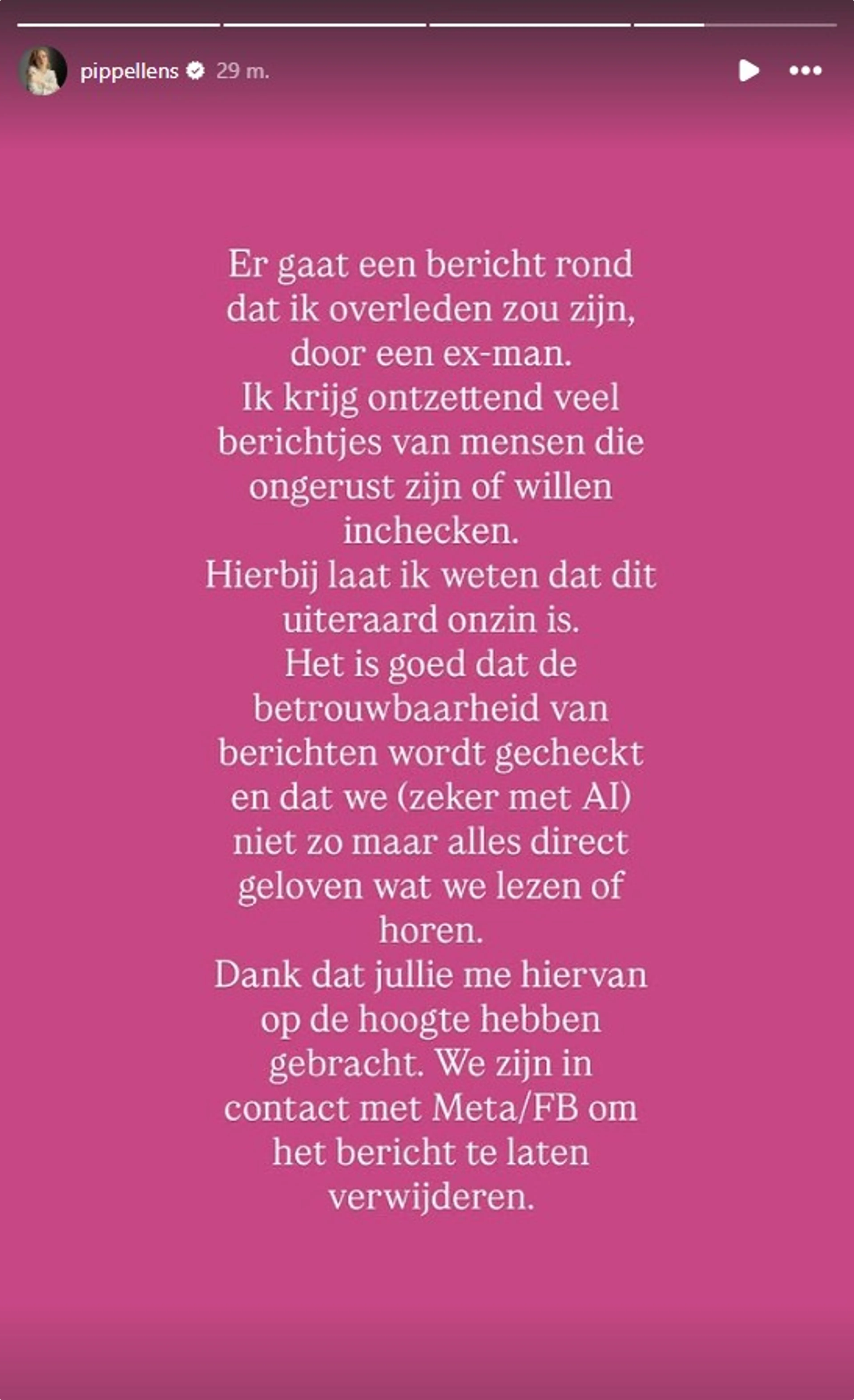 Pip Pellens waarschuwt voor nepberichten via haar Instagram Story.