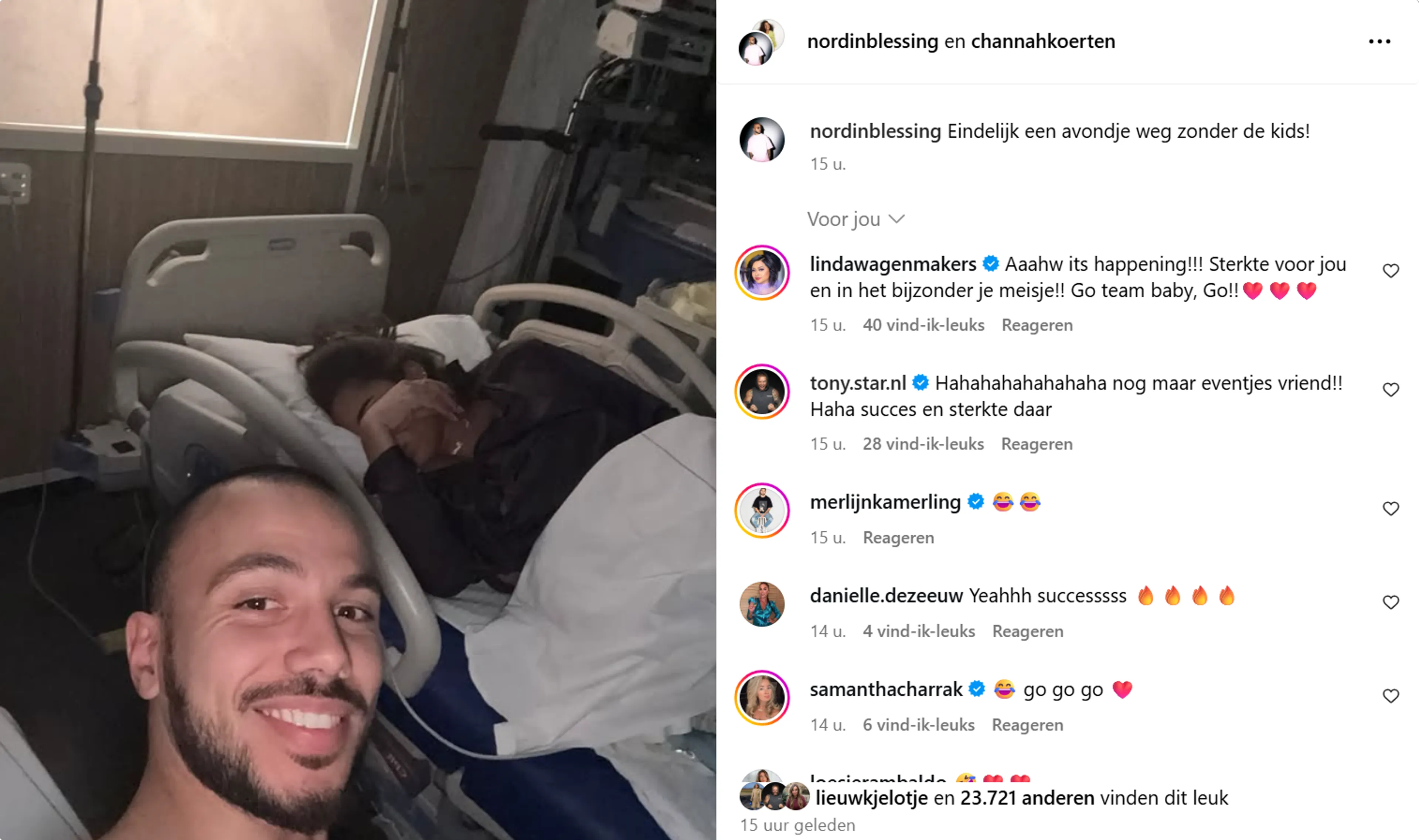 Channah Koerten tijdens de bevalling met partner Nordin Besling (Instagram).
