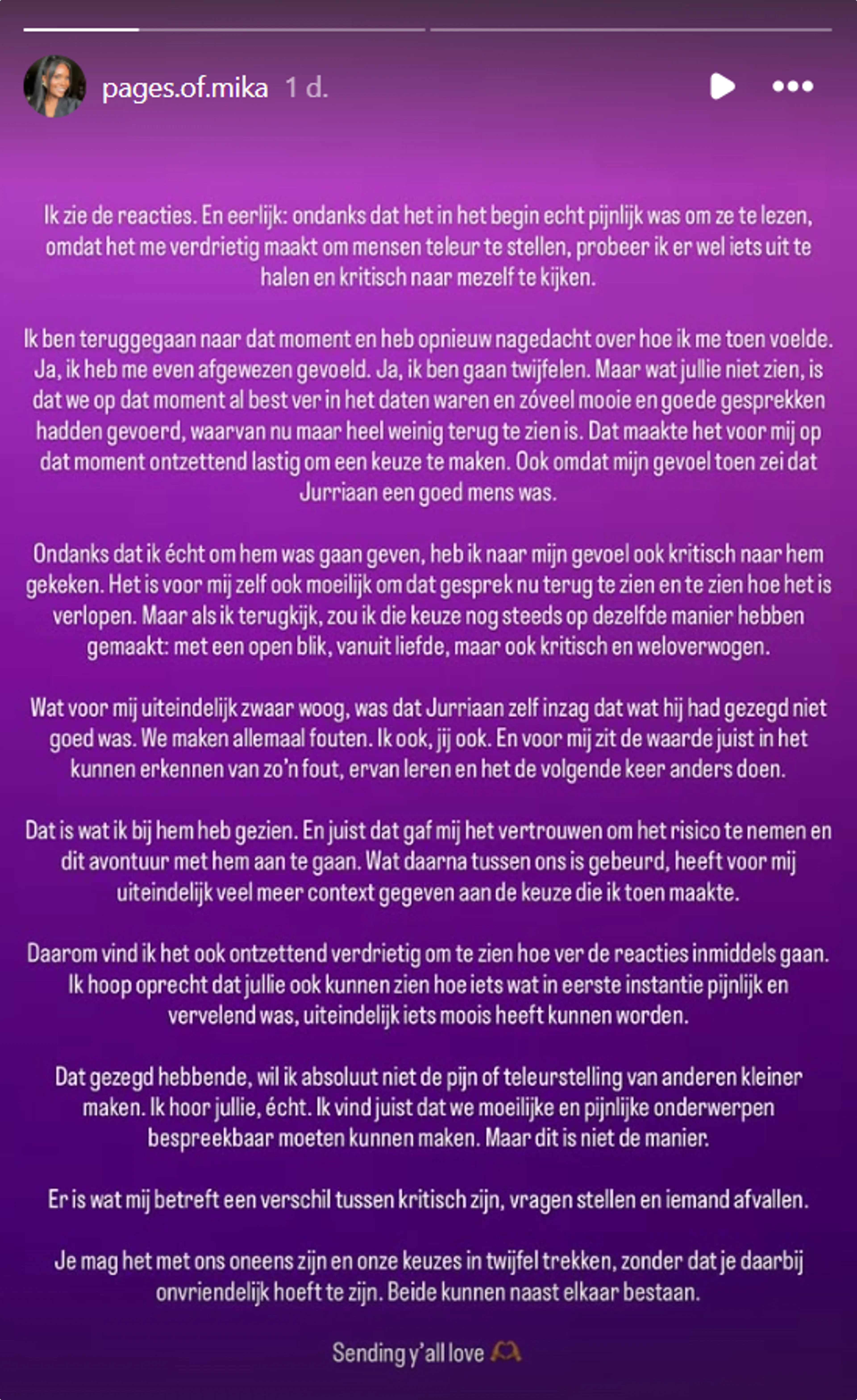 Love is Blind-Mika reageert op ophef over match Jurriaan (@Instagram)