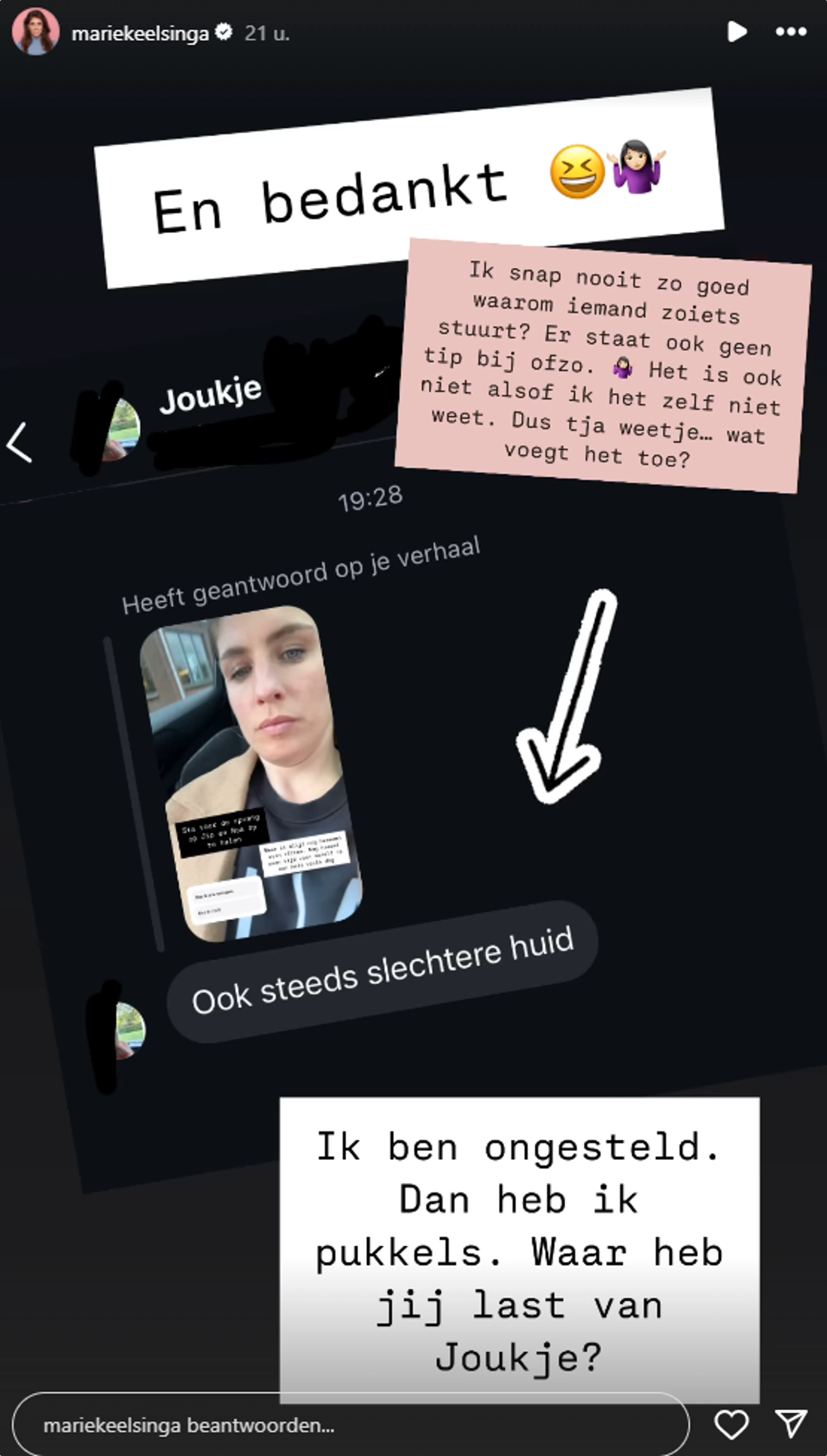 Marieke Elsinga reageert op commentaar over haar pukkels.
