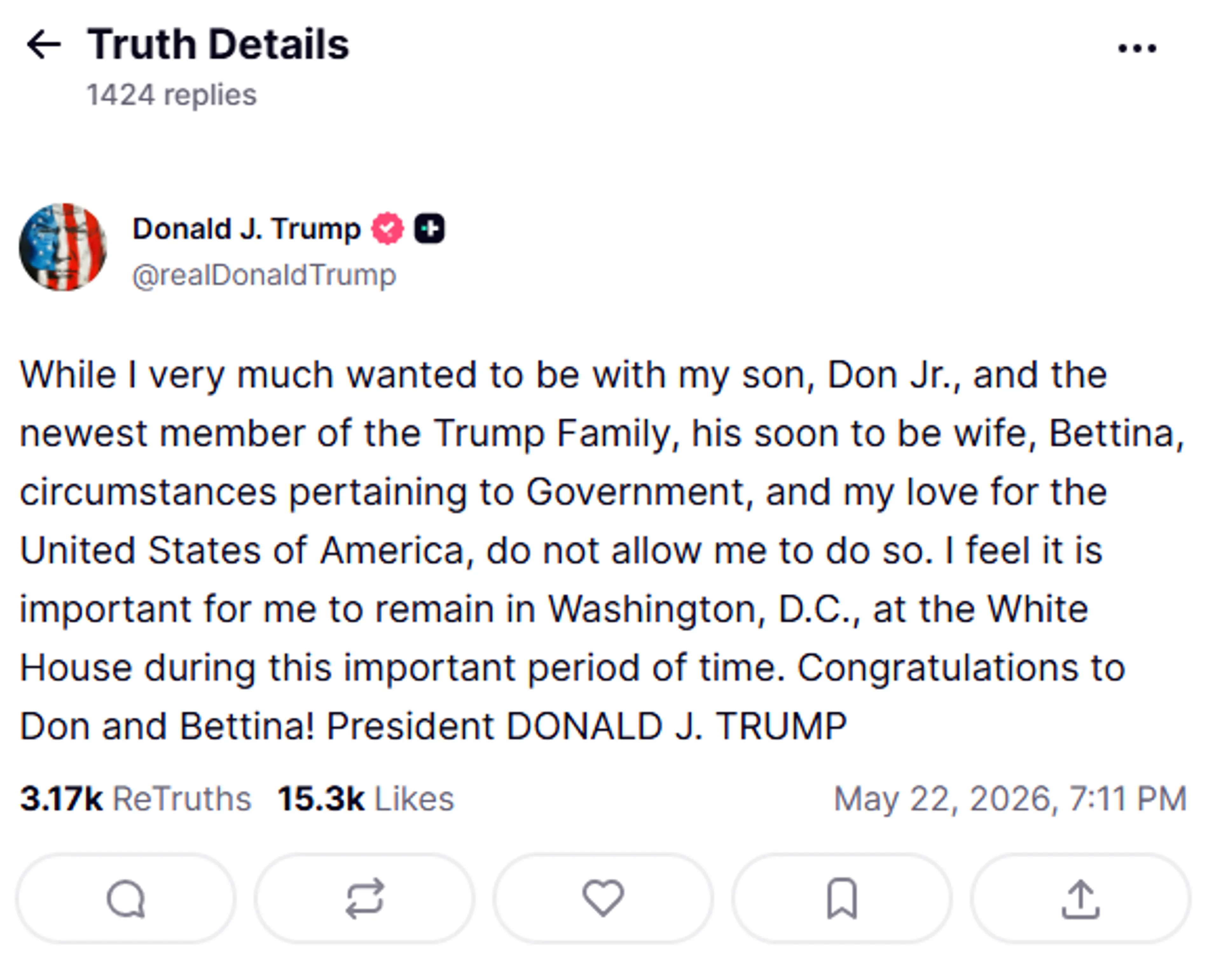 Donald Trump op Truth Social.